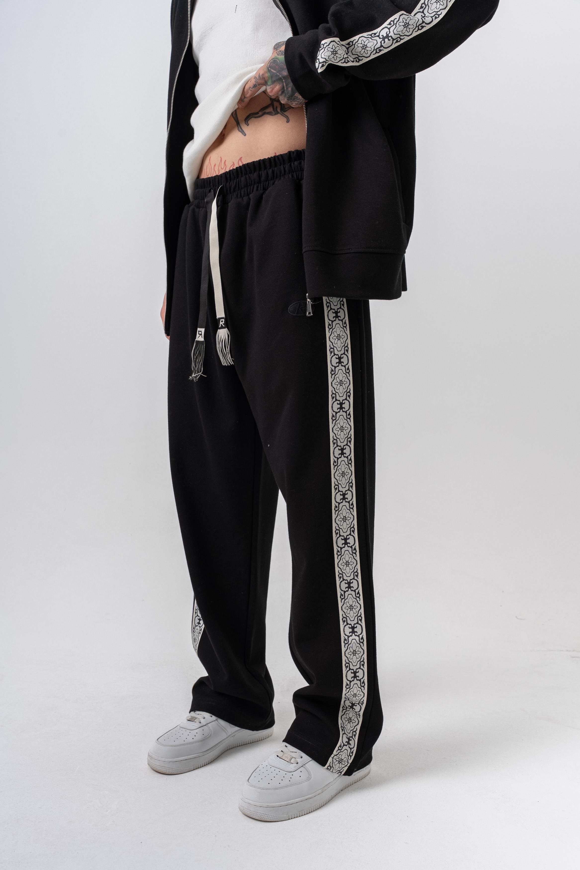 Erkek Damask Şerit Detaylı Kışlık Doubleface Baggy Eşofman Altı Siyah