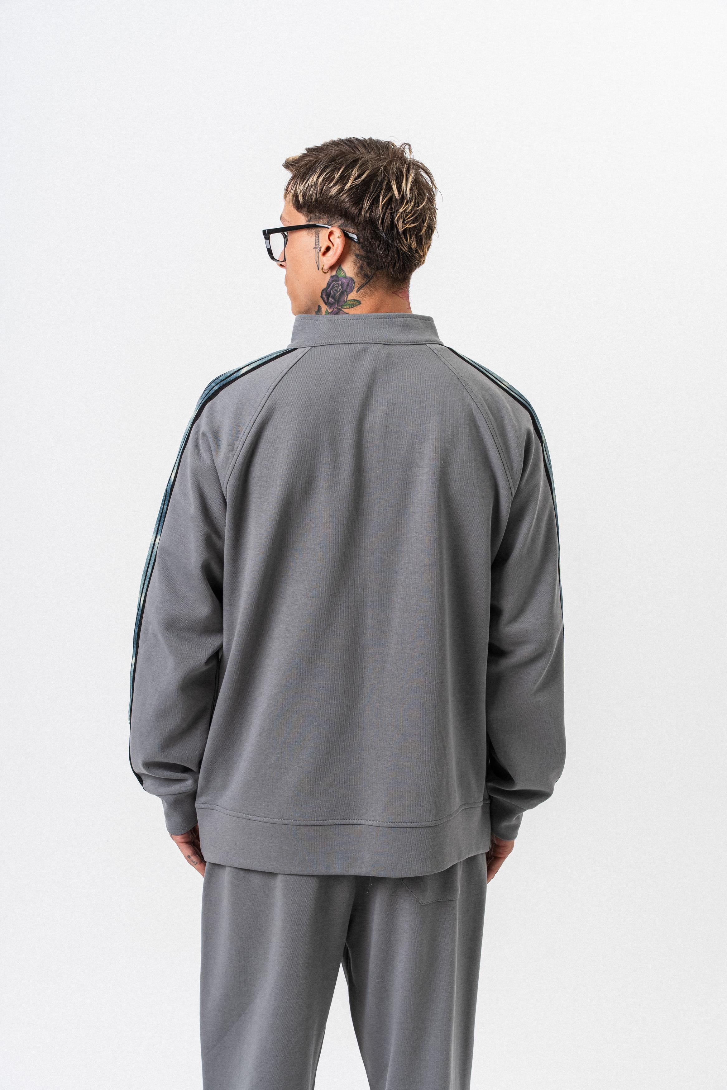 Erkek Dark Striped Şerit Detaylı Dik Yaka Doubleface Zip Oversize Sweatshirt Füme