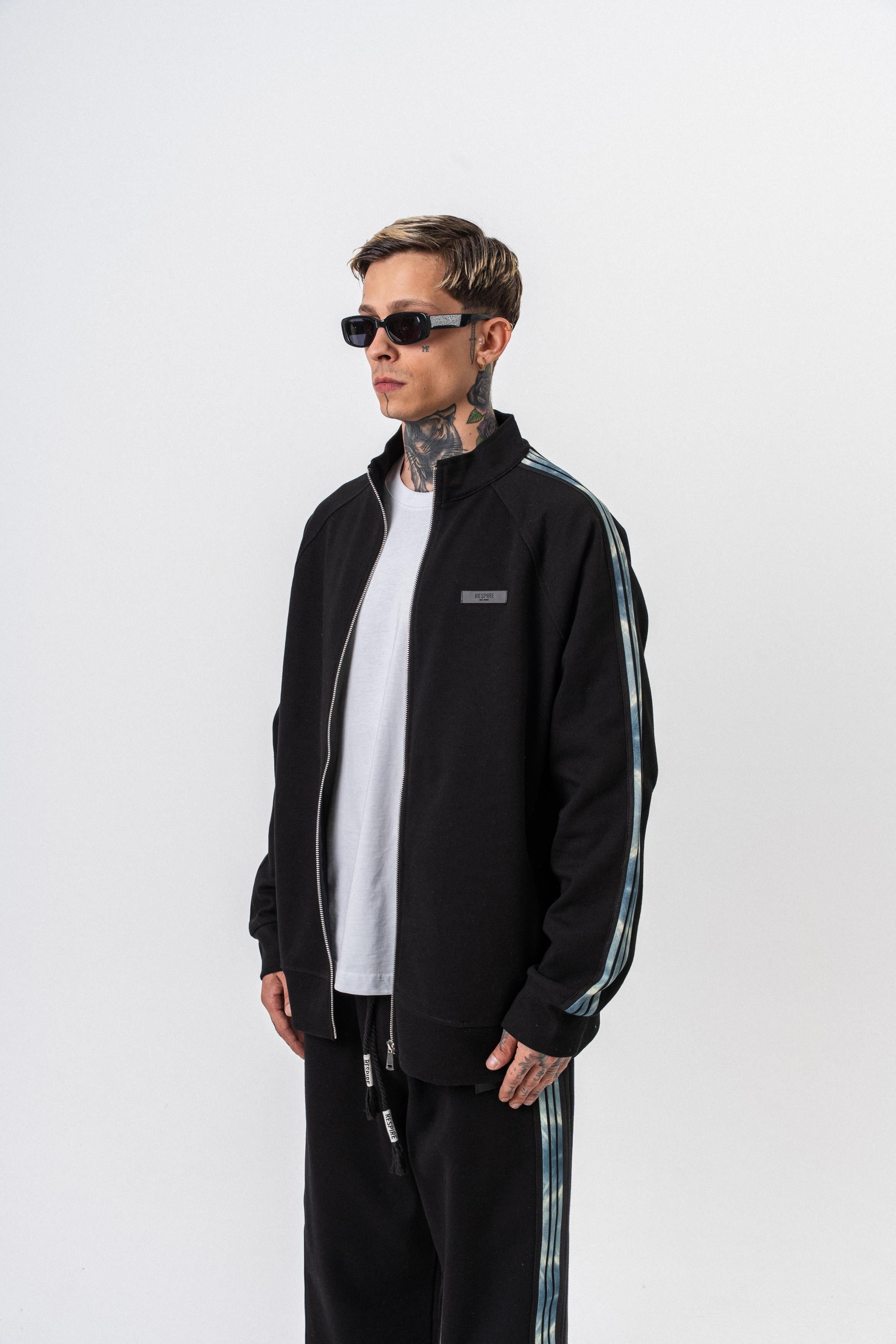 Erkek Dark Striped Şerit Detaylı Dik Yaka Doubleface Zip Oversize Sweatshirt Siyah