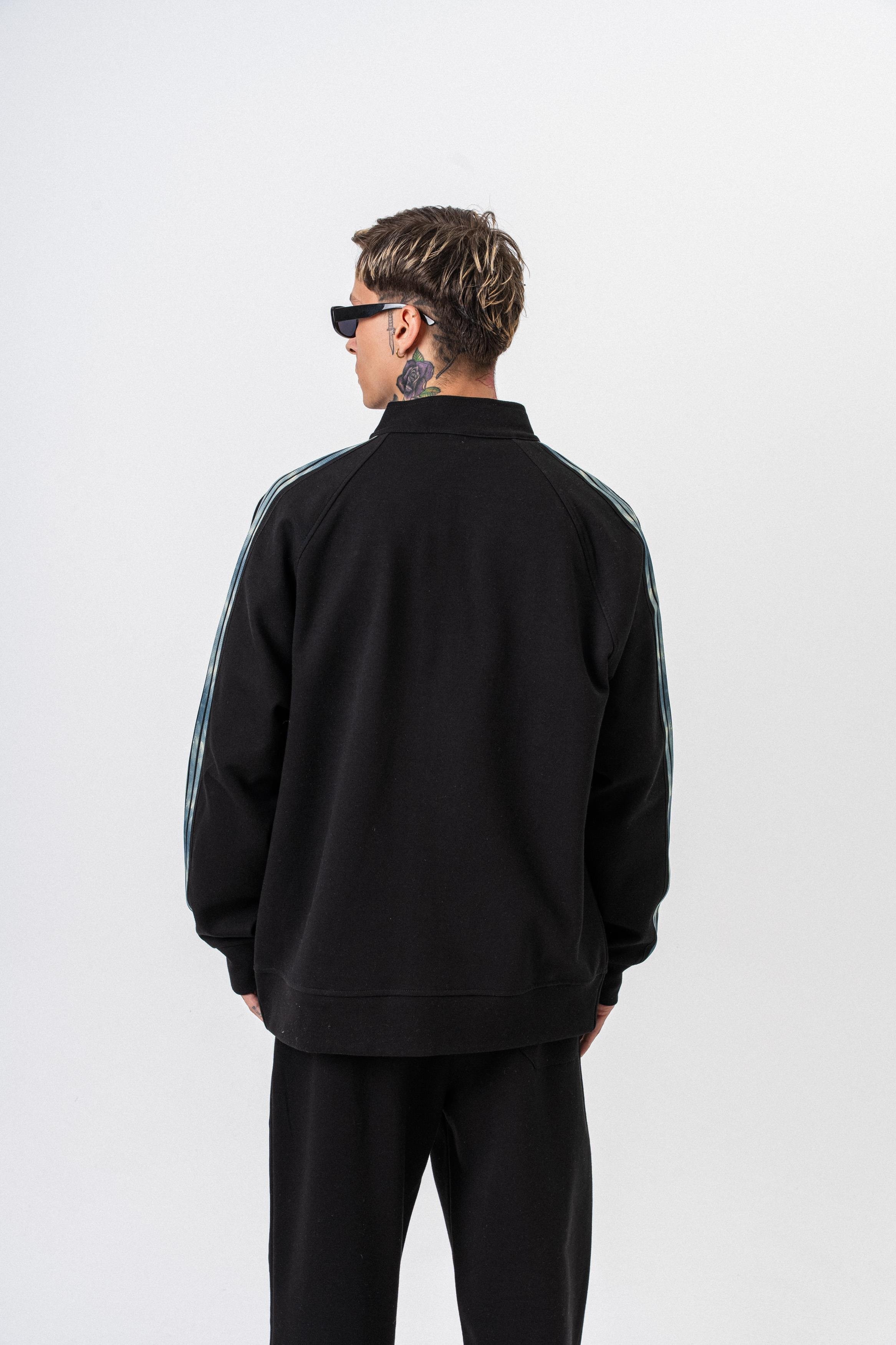 Erkek Dark Striped Şerit Detaylı Dik Yaka Doubleface Zip Oversize Sweatshirt Siyah