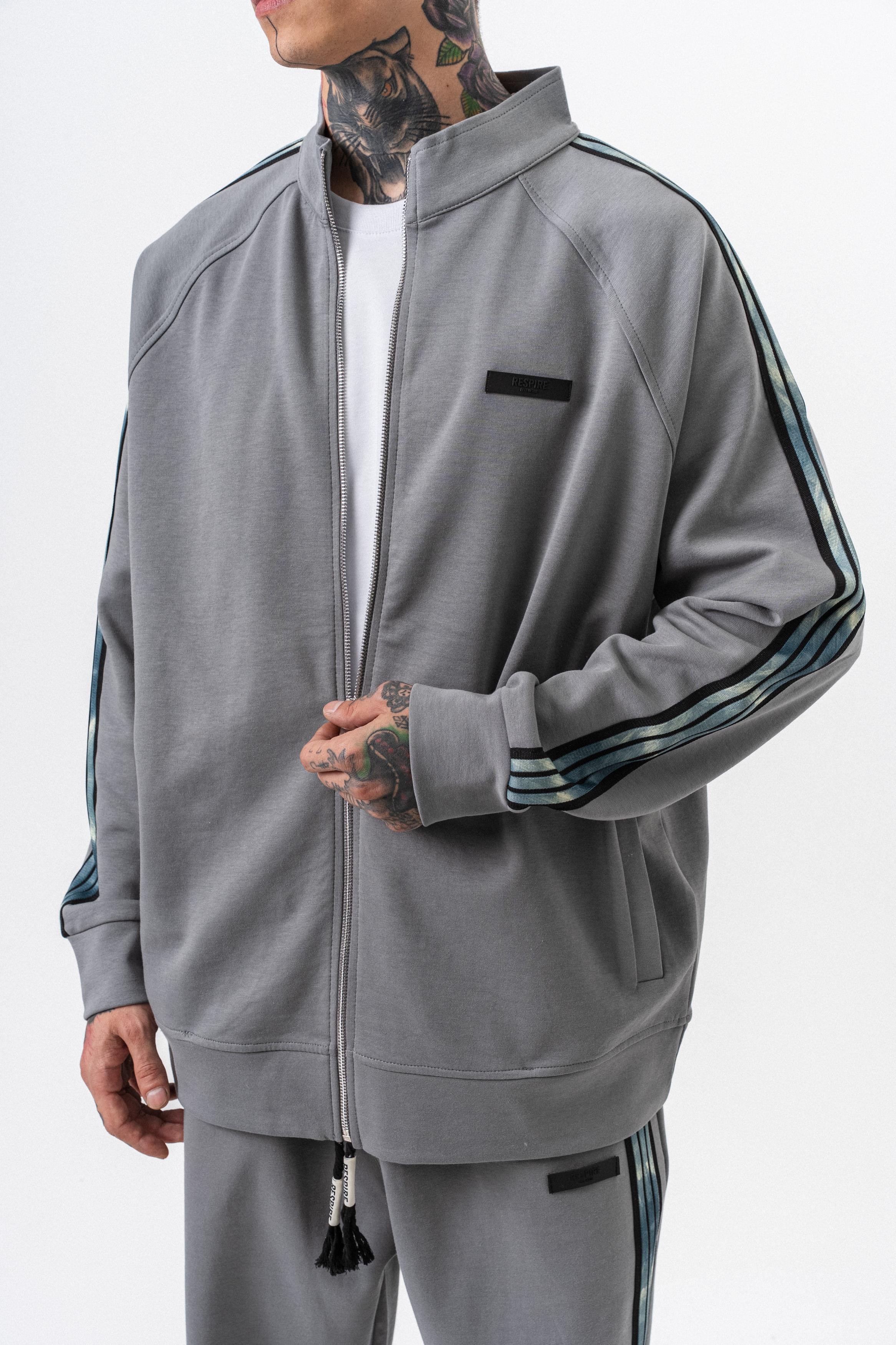 Erkek Dark Striped Şerit Detaylı Dik Yaka Doubleface Zip Oversize Sweatshirt Füme