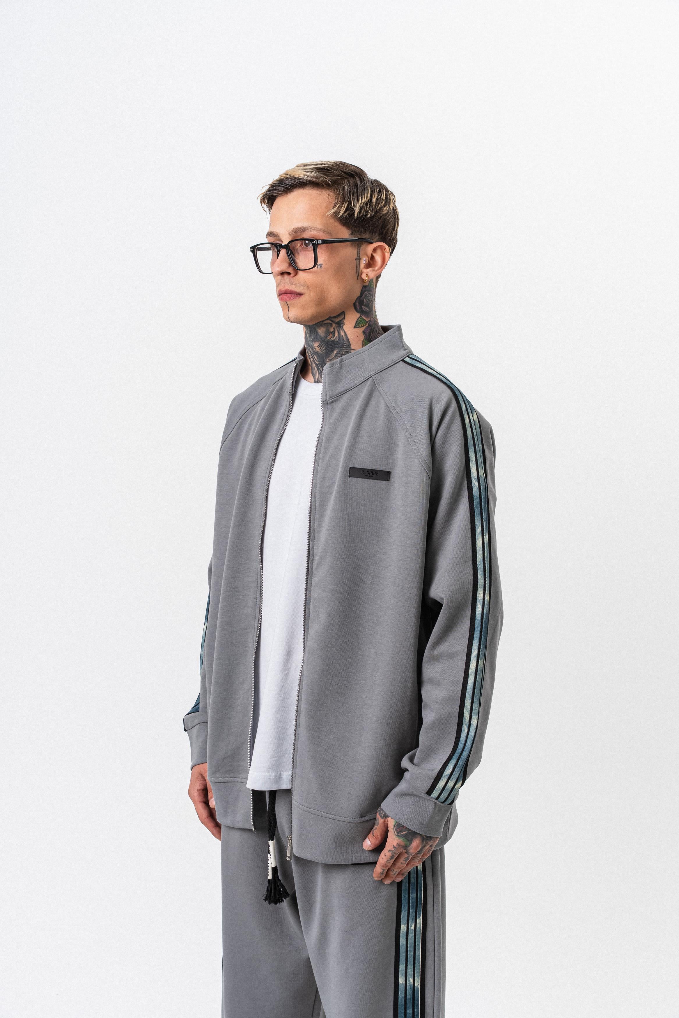 Erkek Dark Striped Şerit Detaylı Dik Yaka Doubleface Zip Oversize Sweatshirt Füme