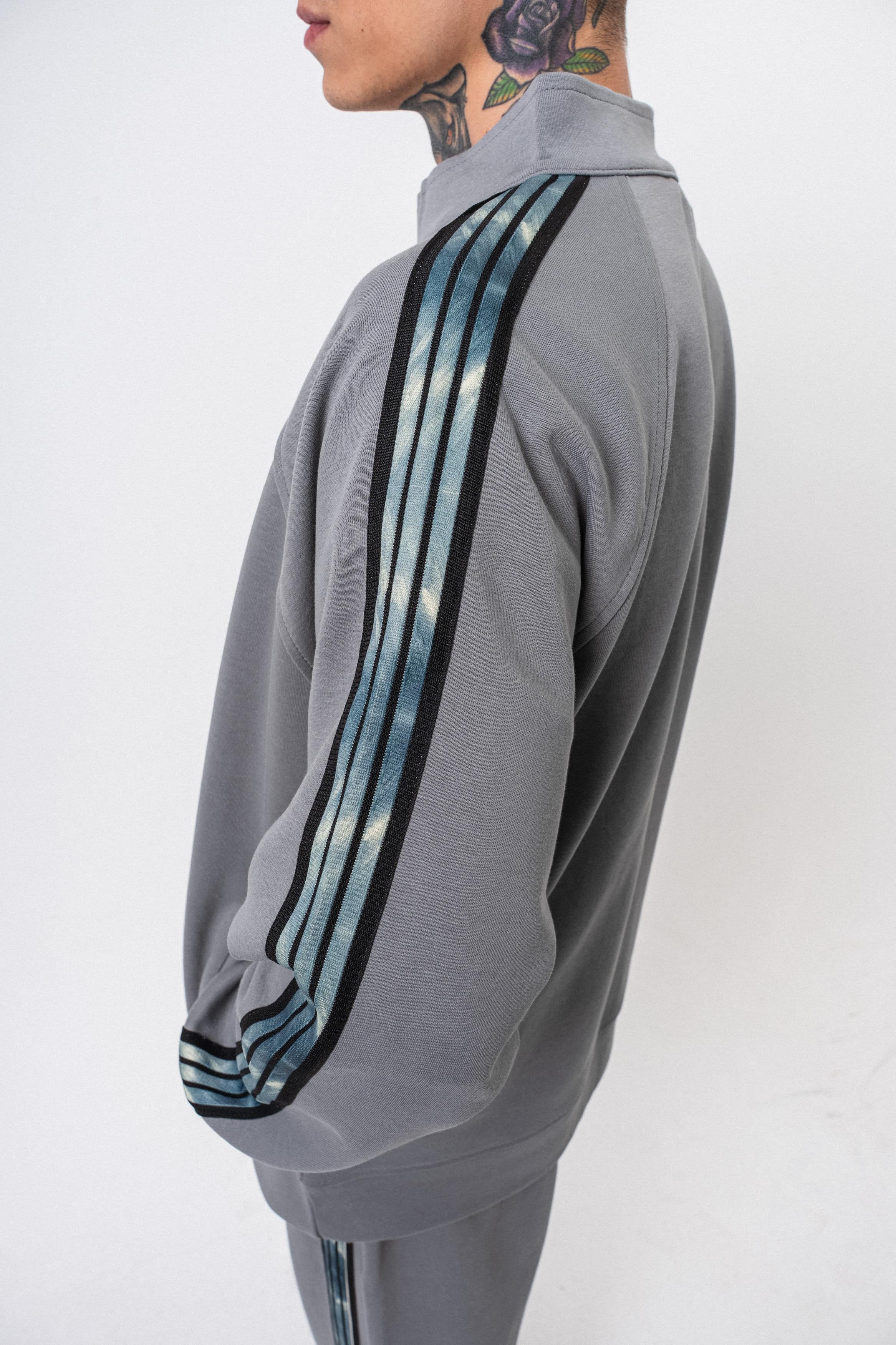 Erkek Dark Striped Şerit Detaylı Dik Yaka Doubleface Zip Oversize Sweatshirt Füme