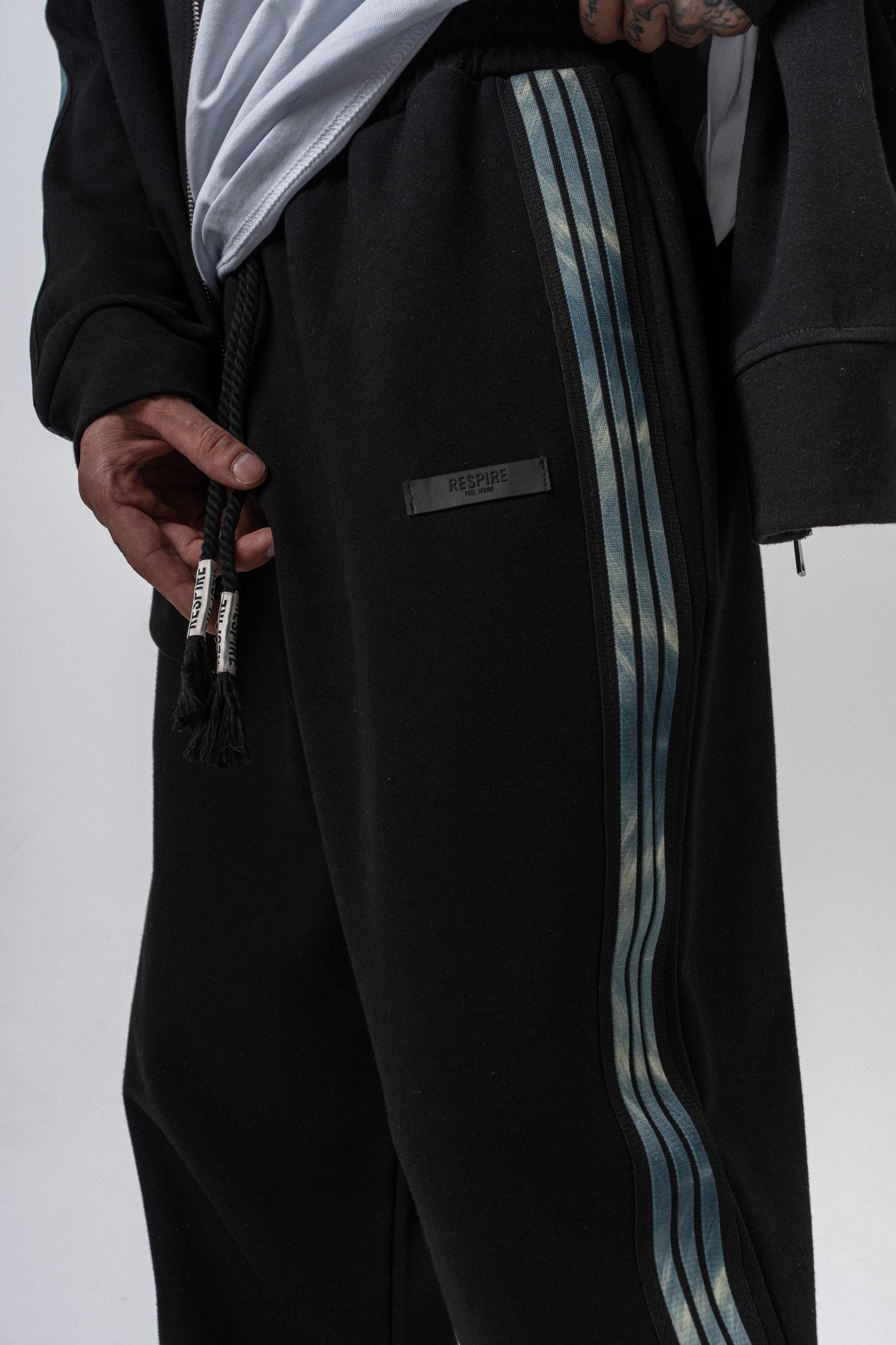 Erkek Dark Striped Şerit Detaylı Kışlık Doubleface Baggy Eşofman Altı Siyah