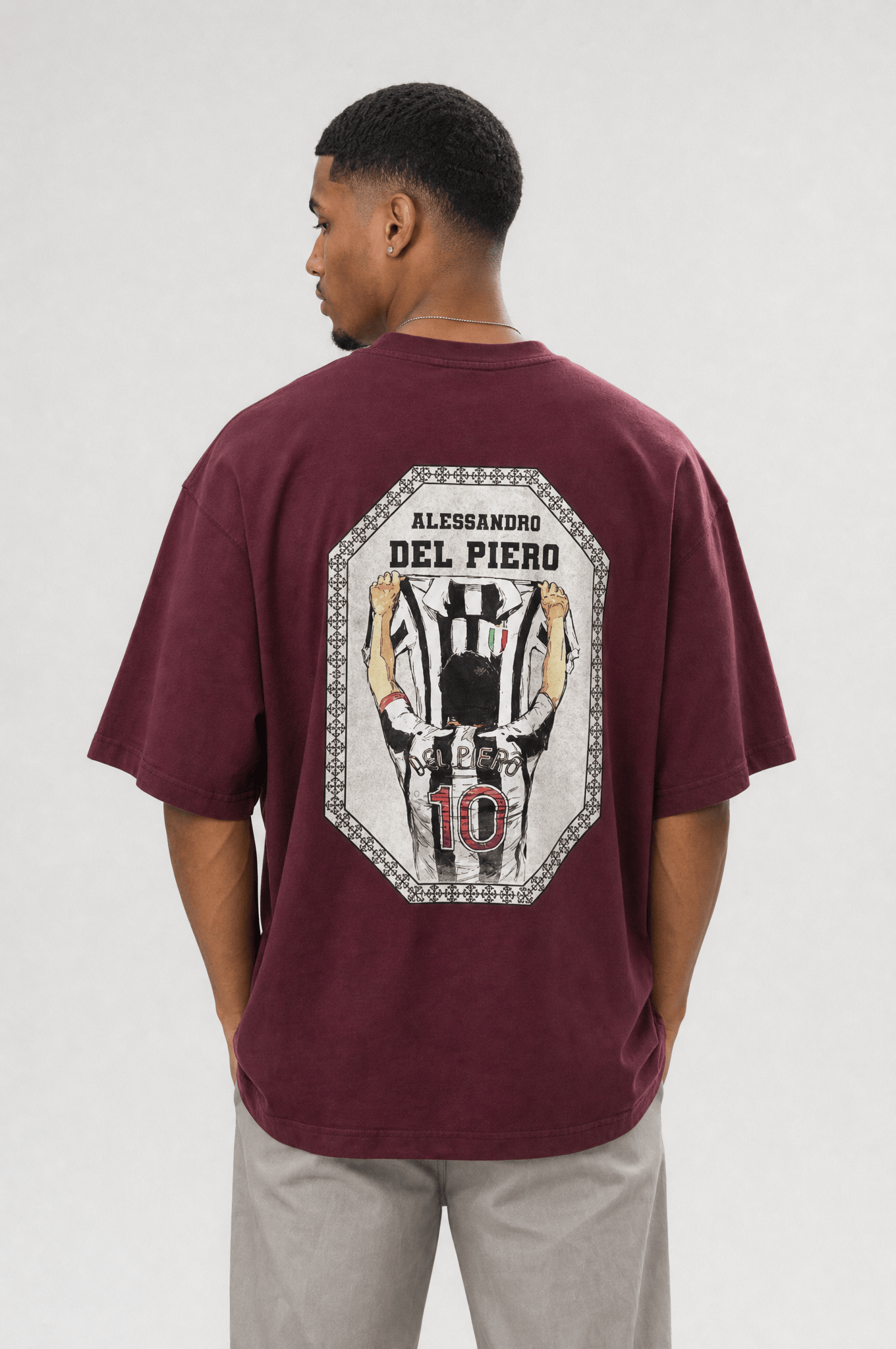 Erkek Del Piero Baskılı Oversize T-Shirt Bordo