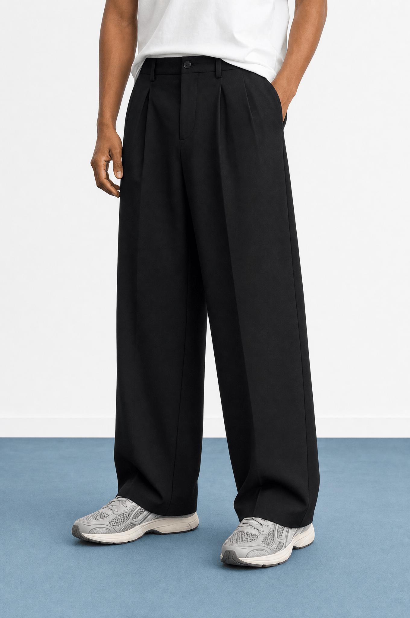 Erkek Derin Pileli Kumaş Baggy Pantolon Siyah