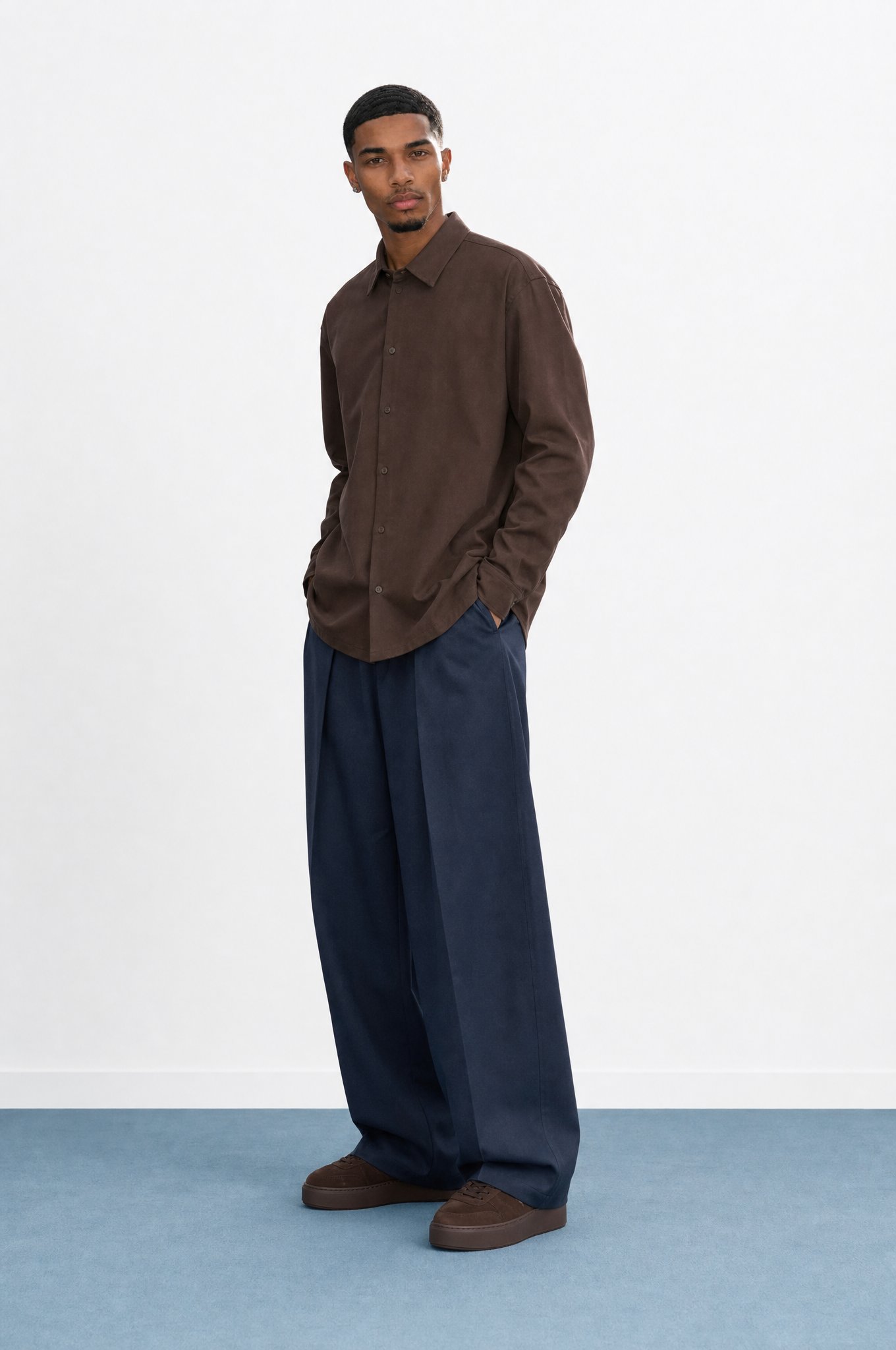 Erkek Derin Pileli Kumaş Baggy Pantolon Lacivert