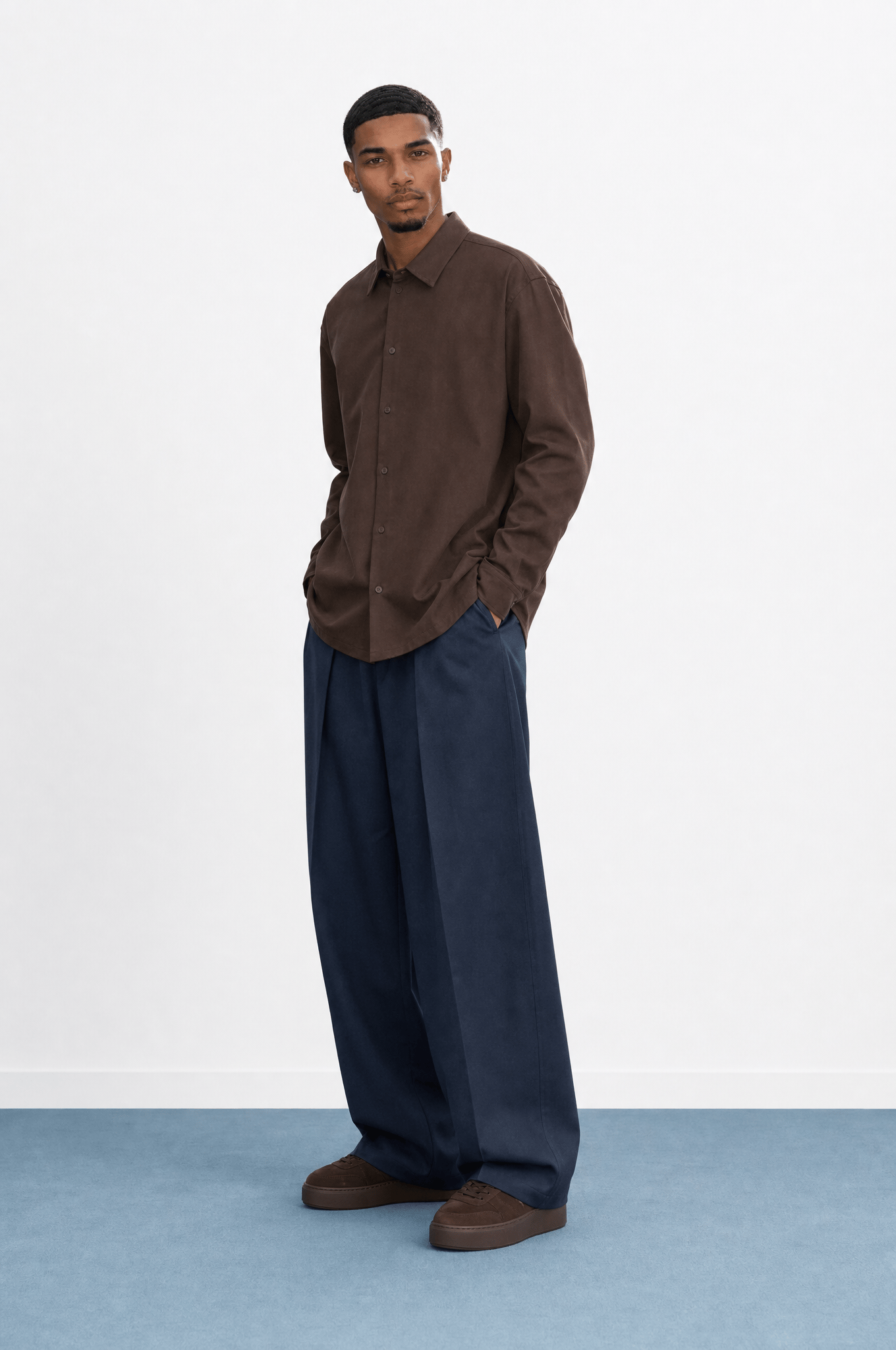 Erkek Derin Pileli Kumaş Baggy Pantolon Lacivert