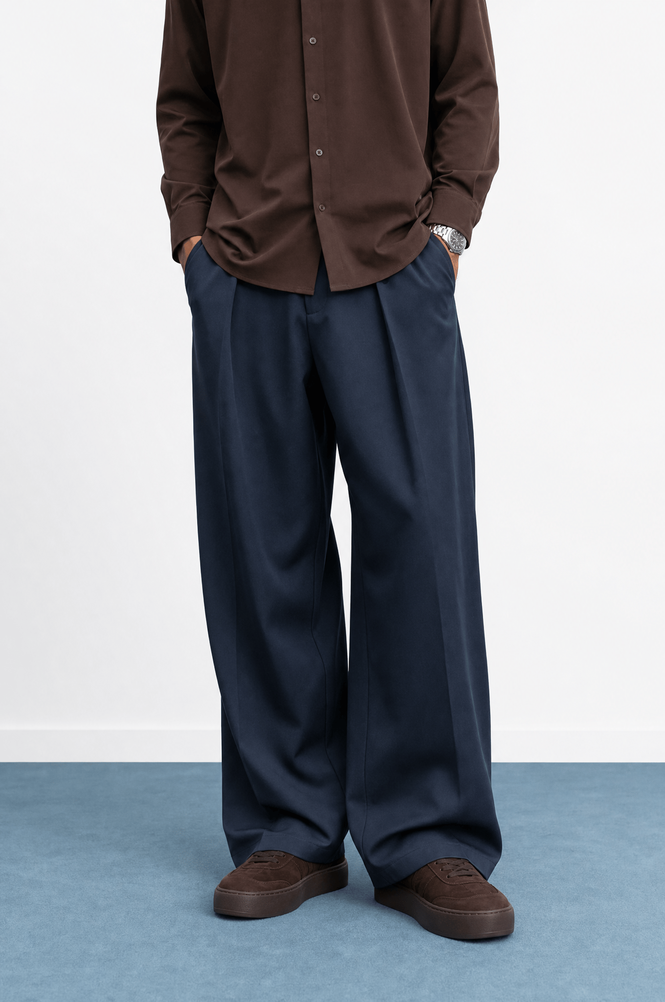 Erkek Derin Pileli Kumaş Baggy Pantolon Lacivert
