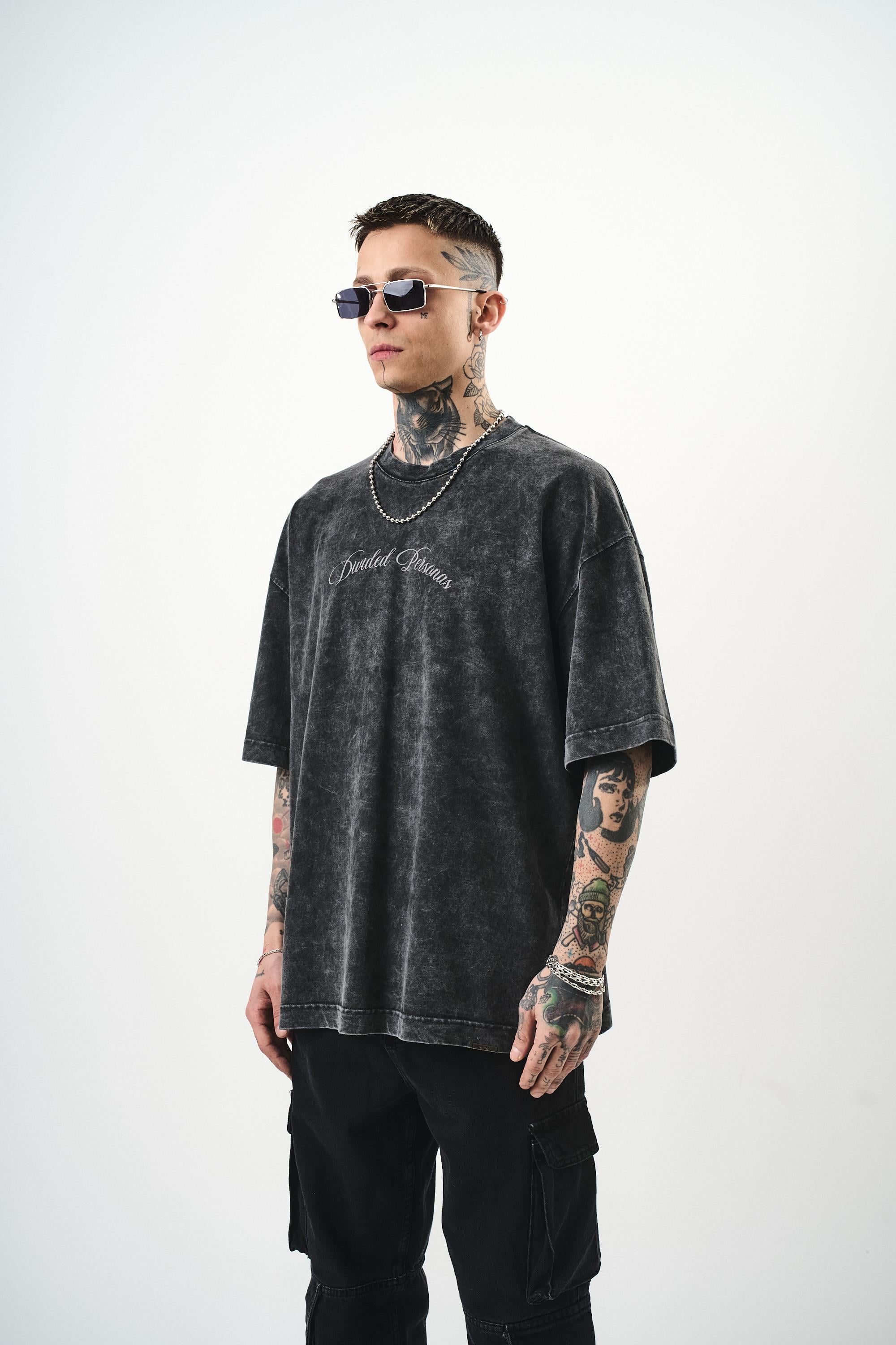 Erkek Divided Personas Baskılı Yıkamalı Oversize T-Shirt Antrasit