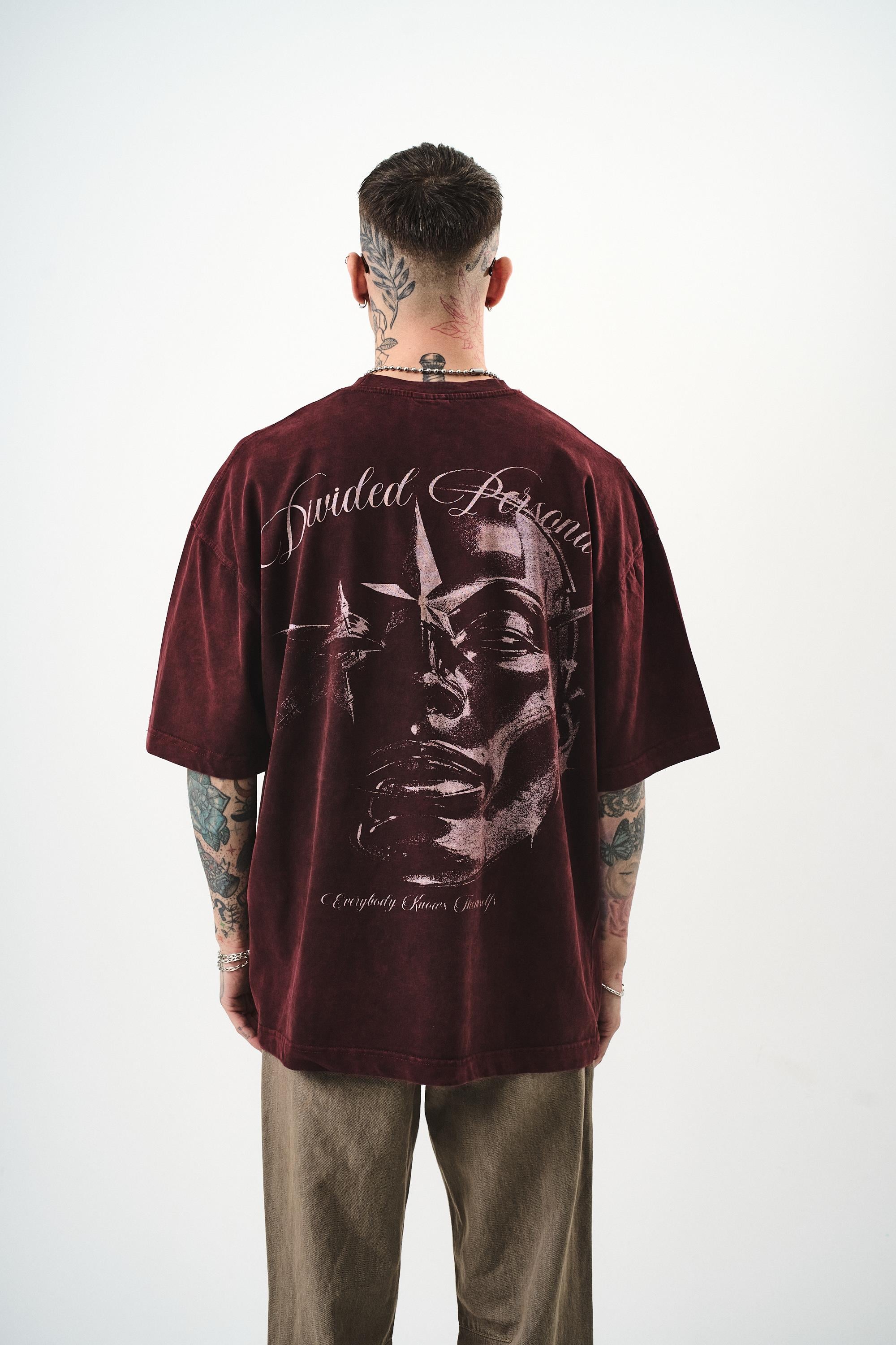 Erkek Divided Personas Baskılı Yıkamalı Oversize T-Shirt Bordo