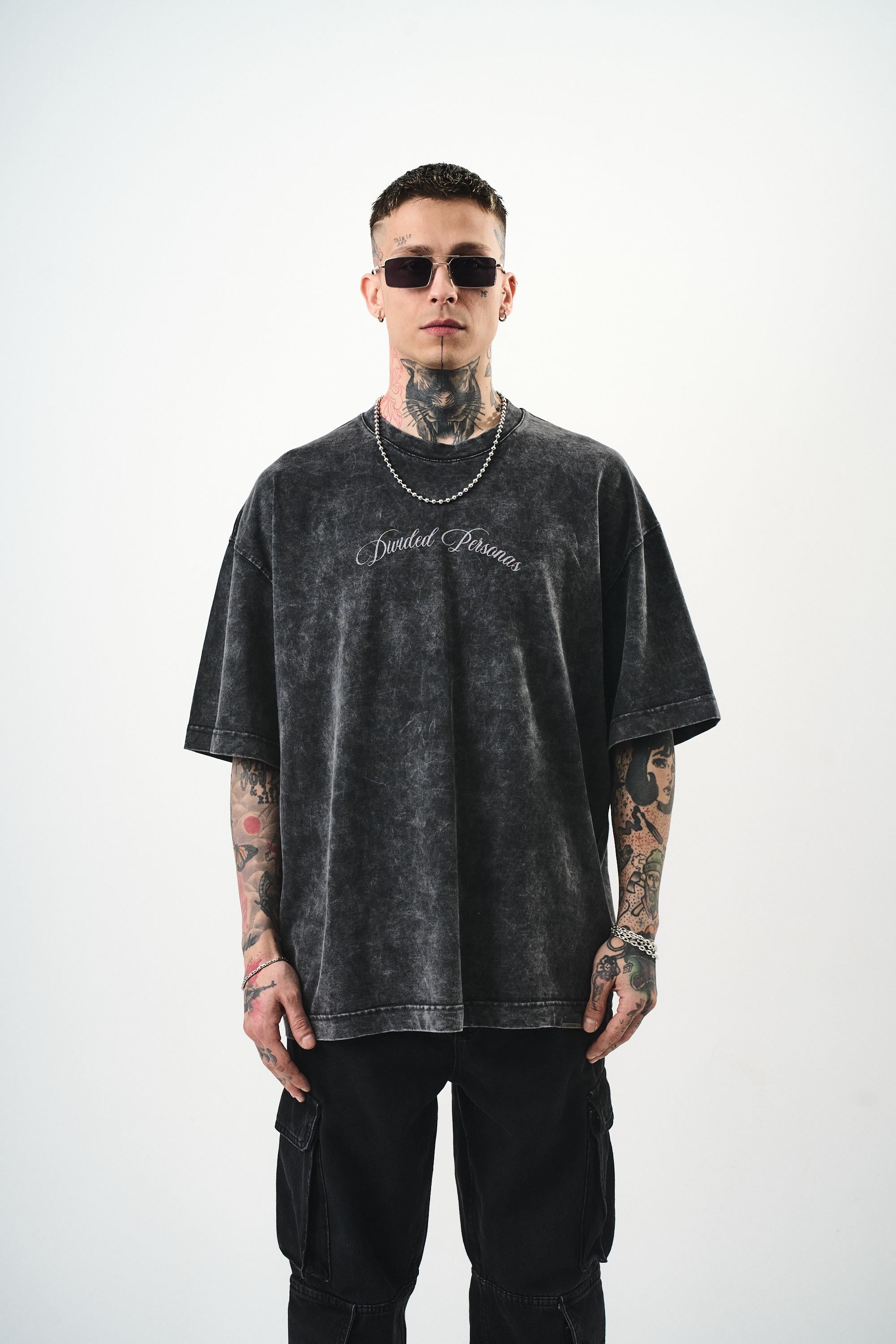 Erkek Divided Personas Baskılı Yıkamalı Oversize T-Shirt Antrasit