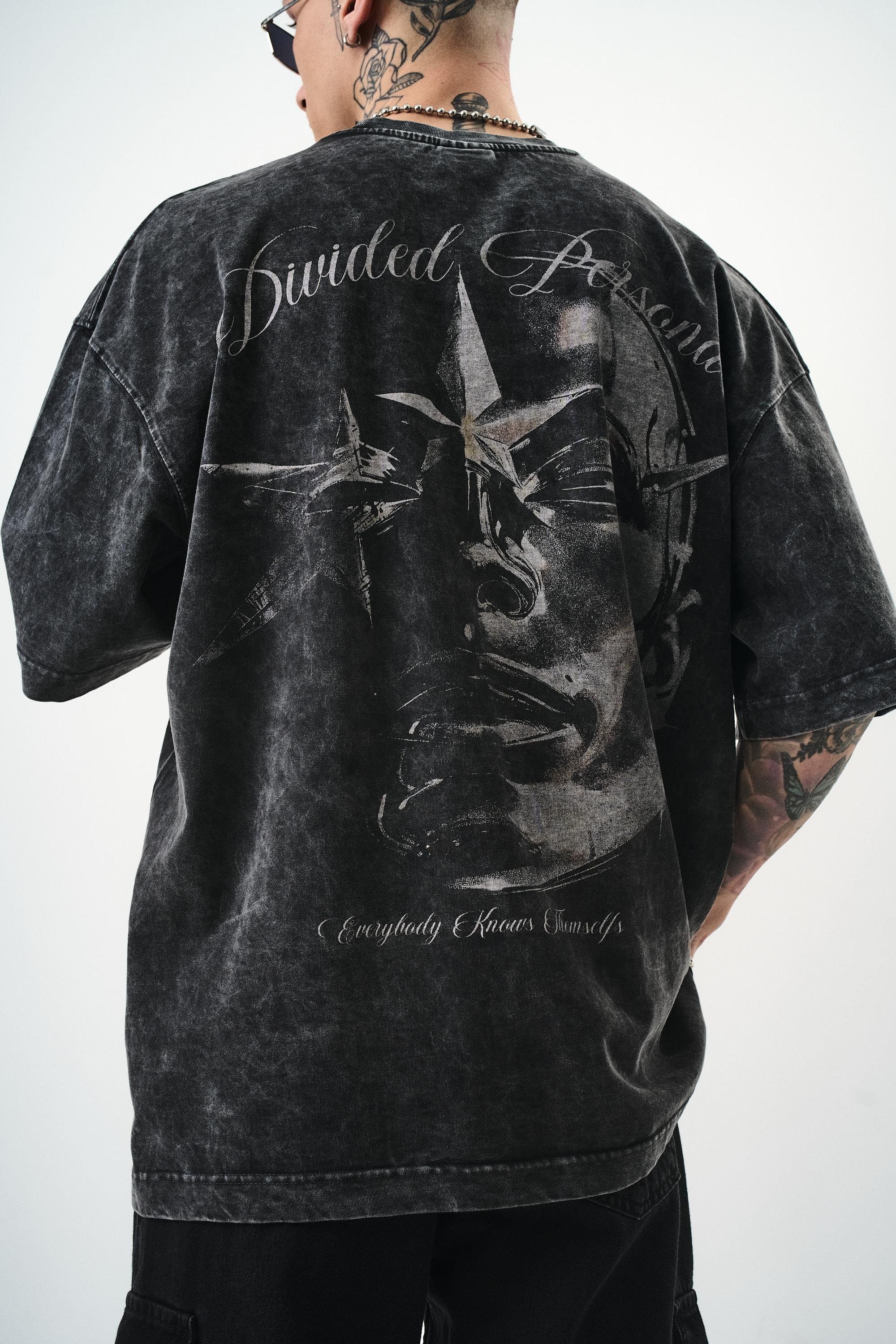 Erkek Divided Personas Baskılı Yıkamalı Oversize T-Shirt Antrasit