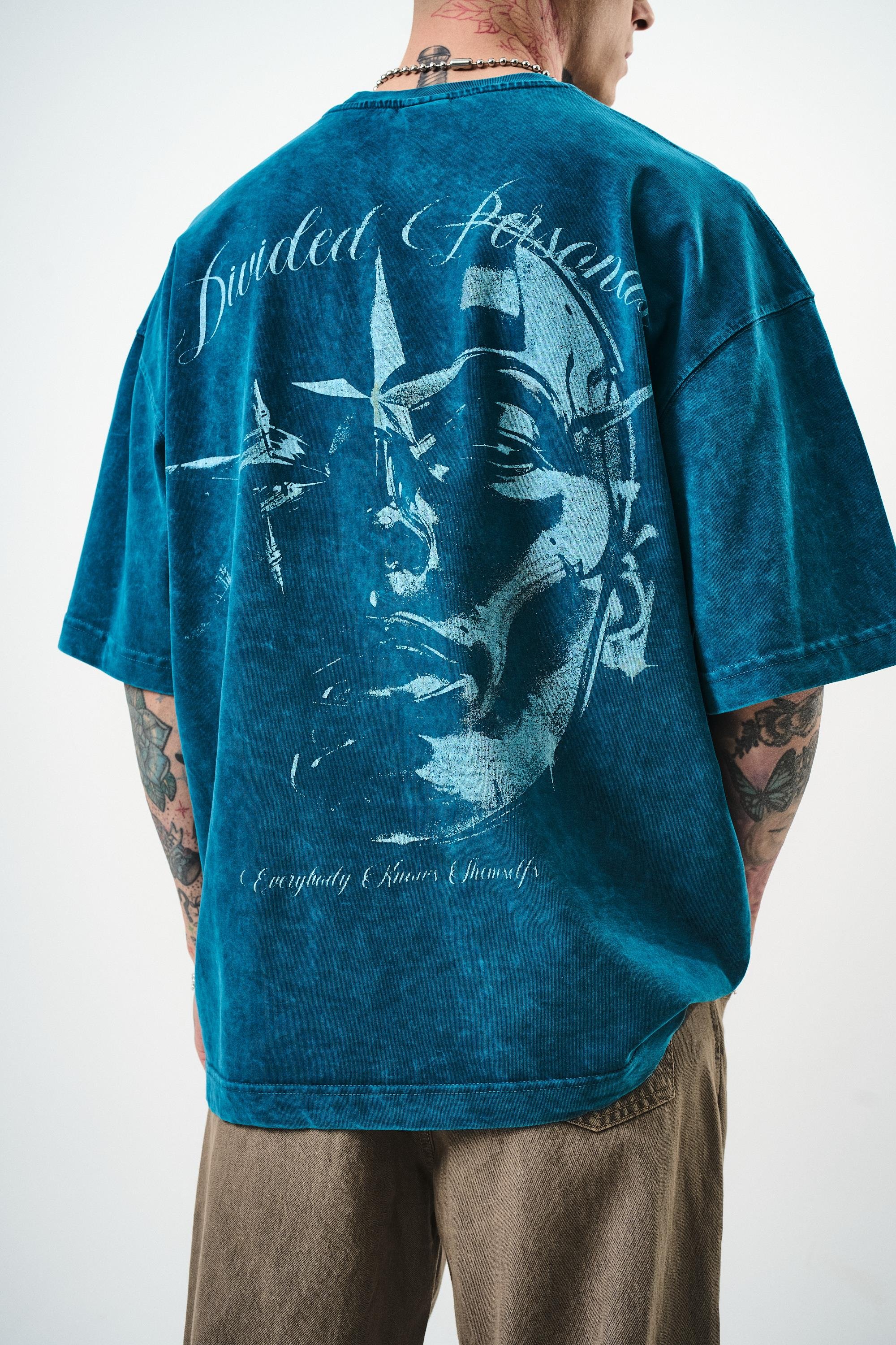 Erkek Divided Personas Baskılı Yıkamalı Oversize T-Shirt Petrol