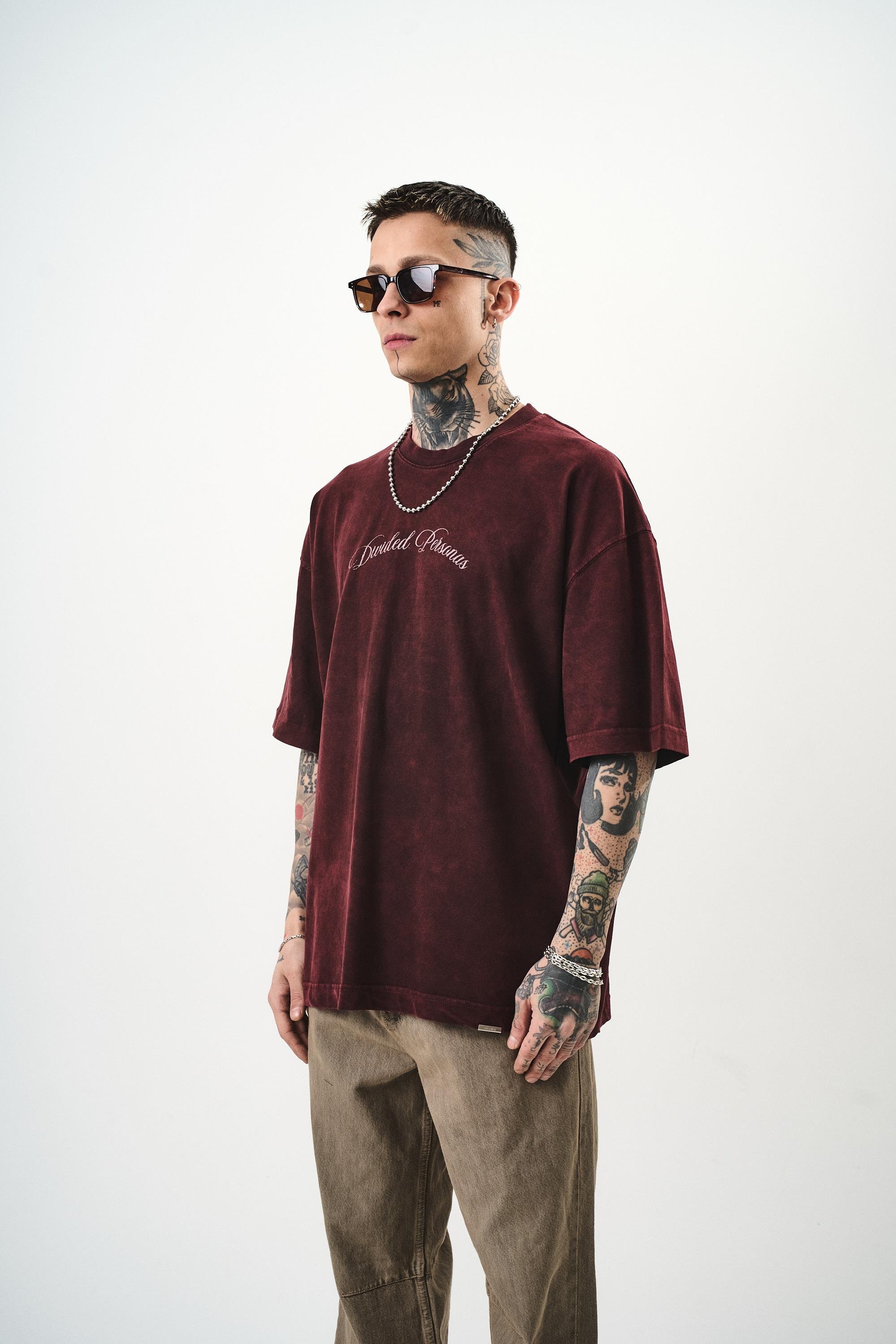 Erkek Divided Personas Baskılı Yıkamalı Oversize T-Shirt Bordo