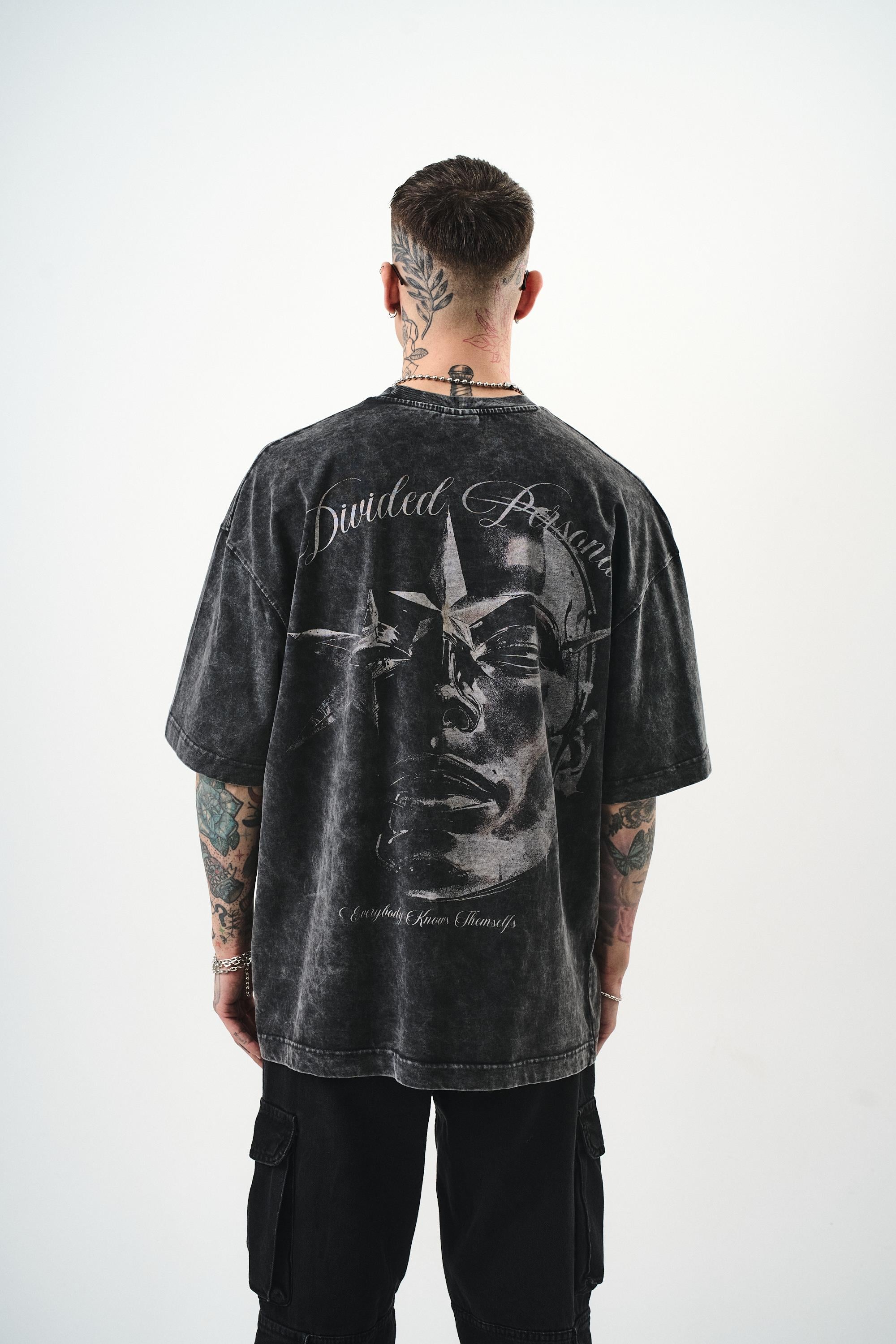 Erkek Divided Personas Baskılı Yıkamalı Oversize T-Shirt Antrasit
