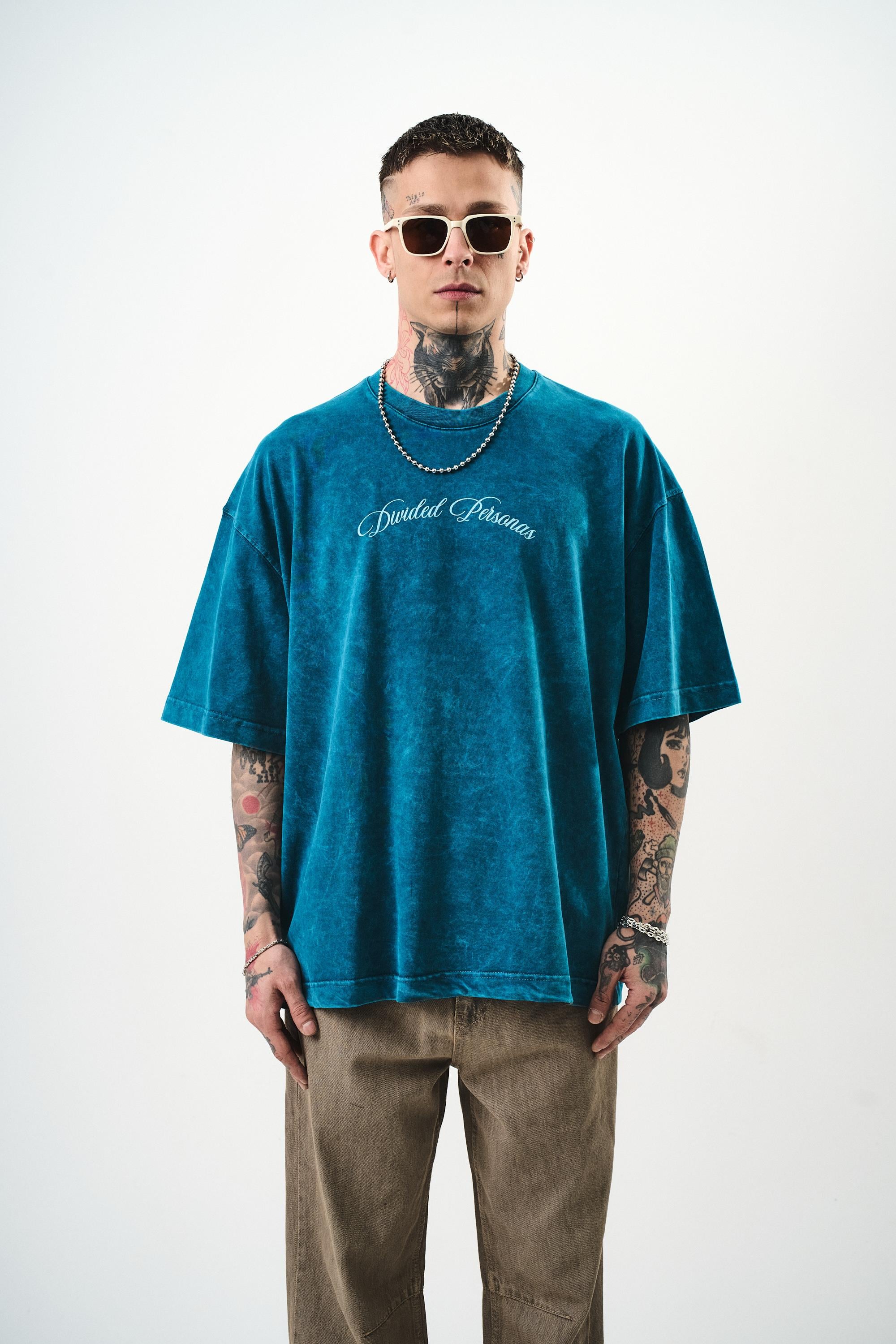 Erkek Divided Personas Baskılı Yıkamalı Oversize T-Shirt Petrol