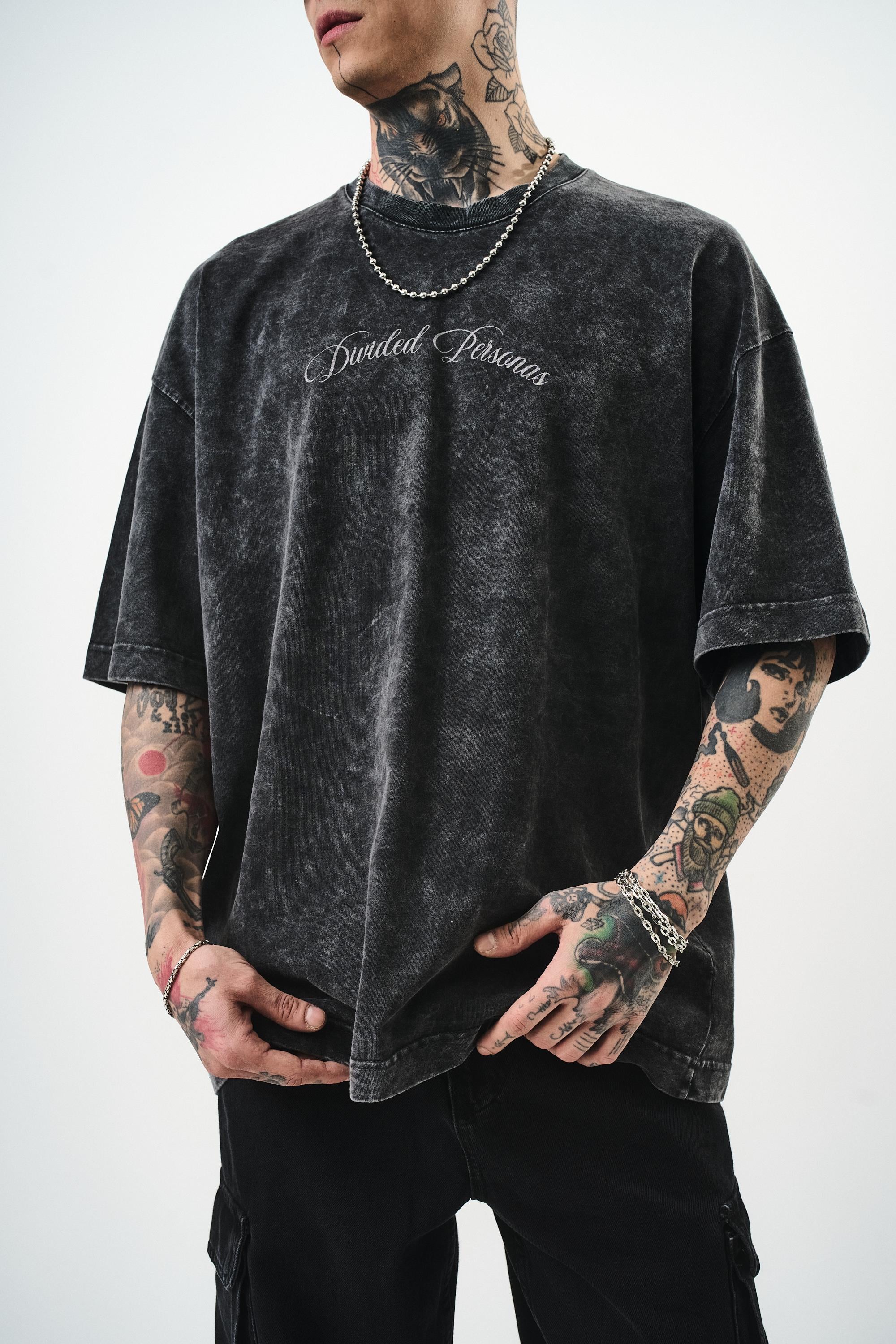 Erkek Divided Personas Baskılı Yıkamalı Oversize T-Shirt Antrasit