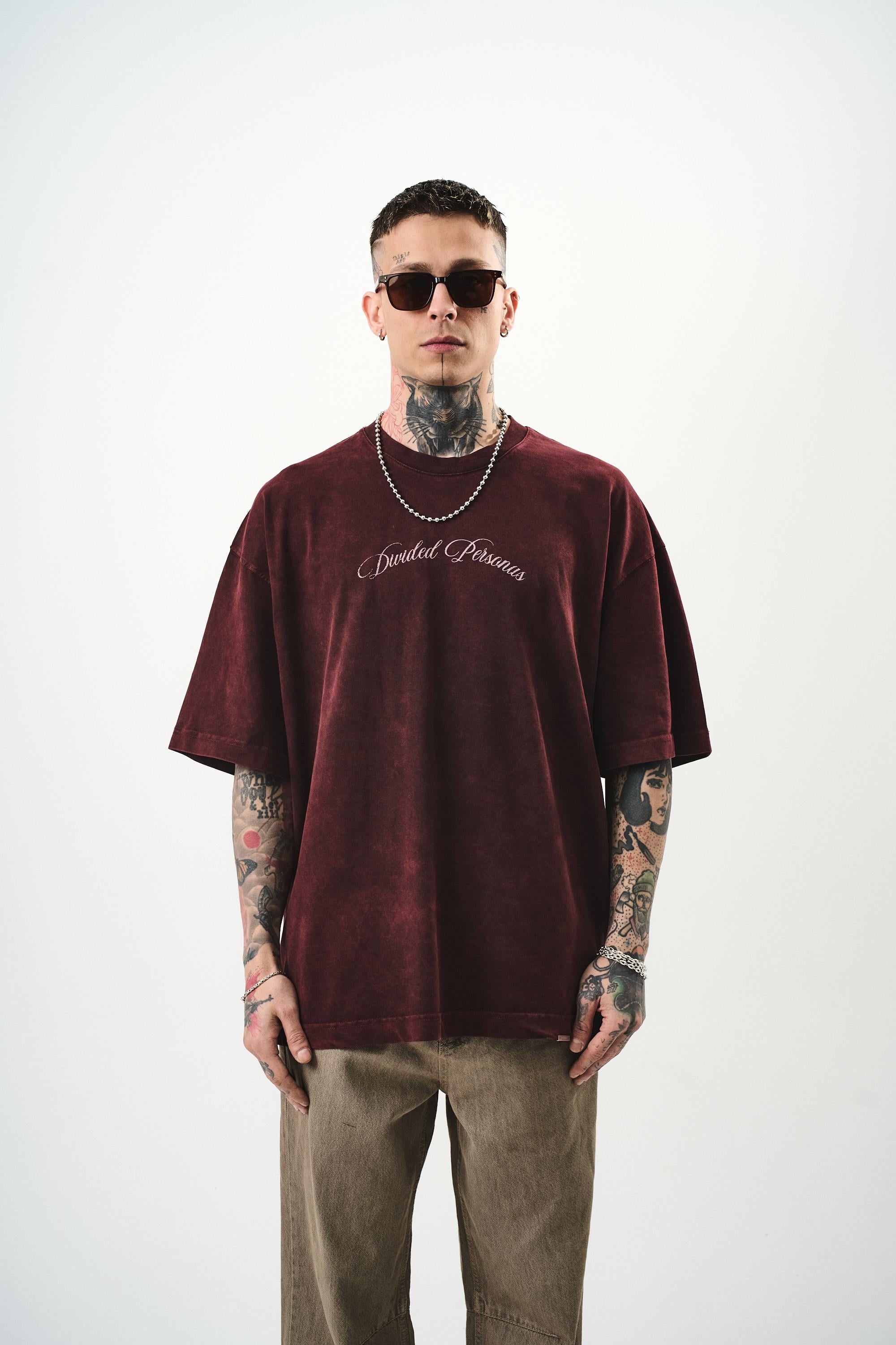 Erkek Divided Personas Baskılı Yıkamalı Oversize T-Shirt Bordo