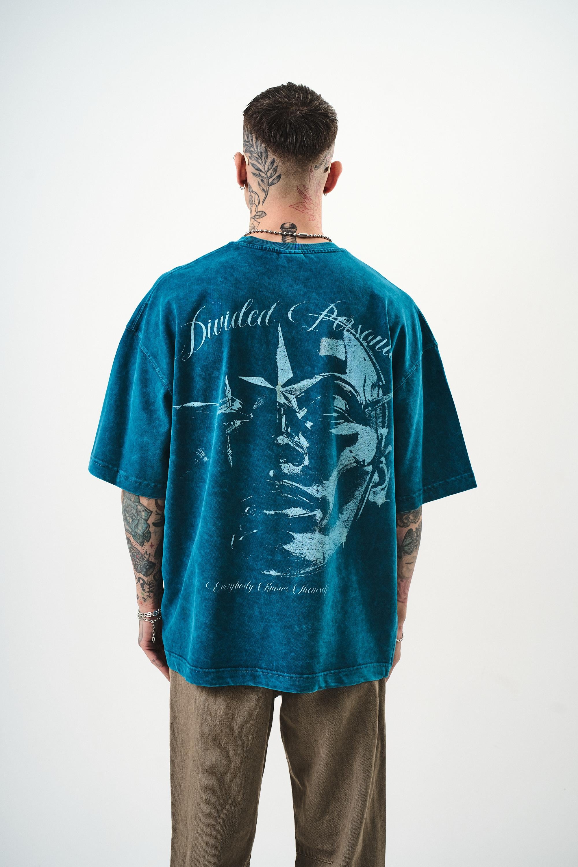 Erkek Divided Personas Baskılı Yıkamalı Oversize T-Shirt Petrol