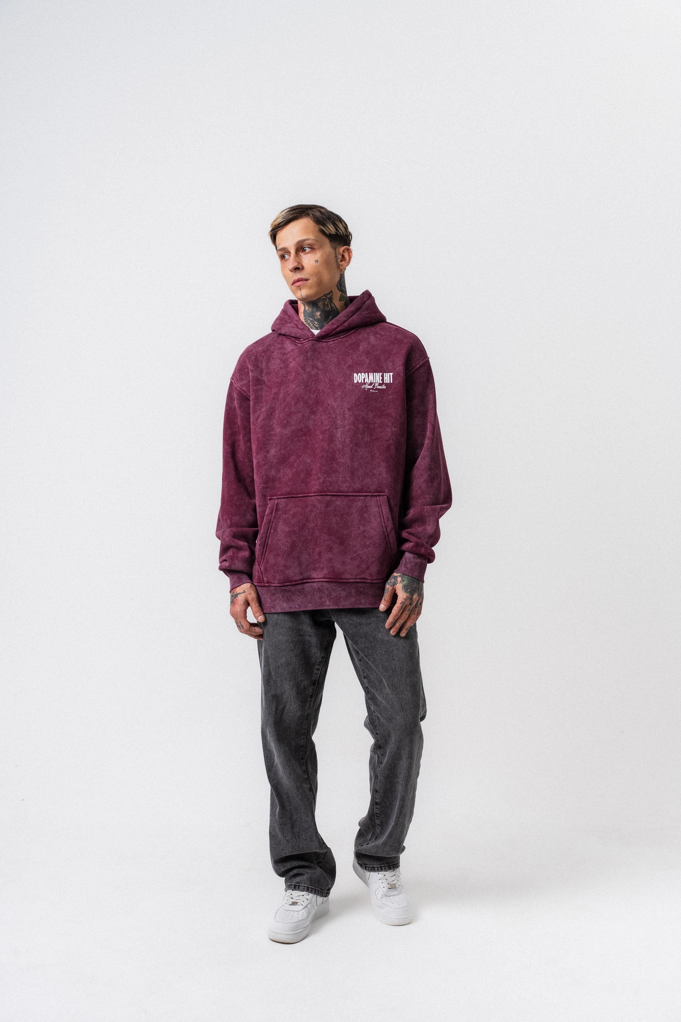 Erkek Dopamine Hit Baskılı Kapüşonlu Oversize Hoodie Vişne