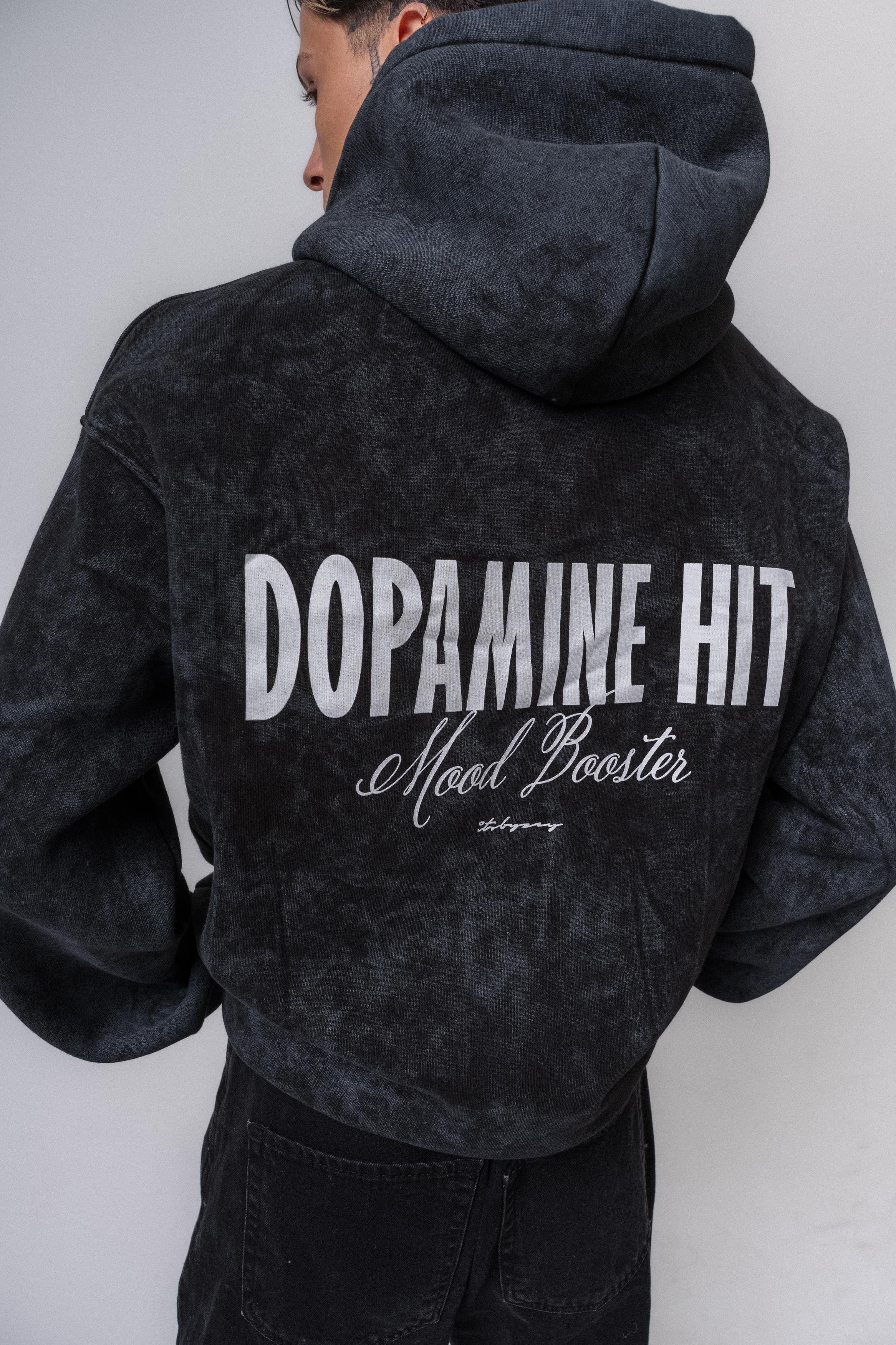 Erkek Dopamine Hit Baskılı Kapüşonlu Oversize Hoodie Siyah