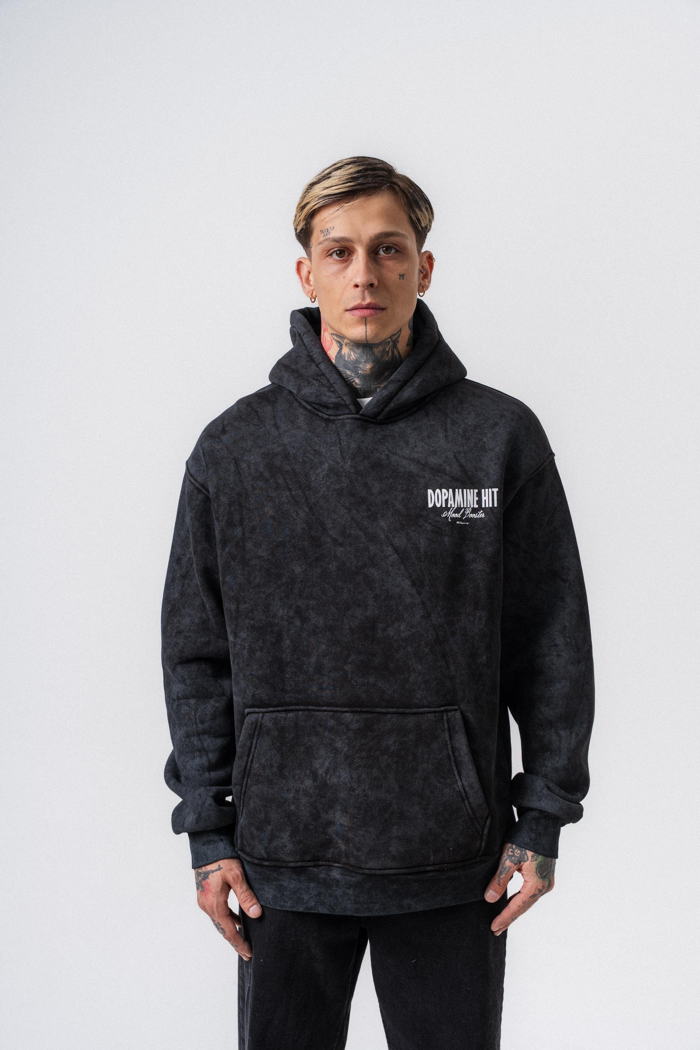 Erkek Dopamine Hit Baskılı Kapüşonlu Oversize Hoodie Siyah