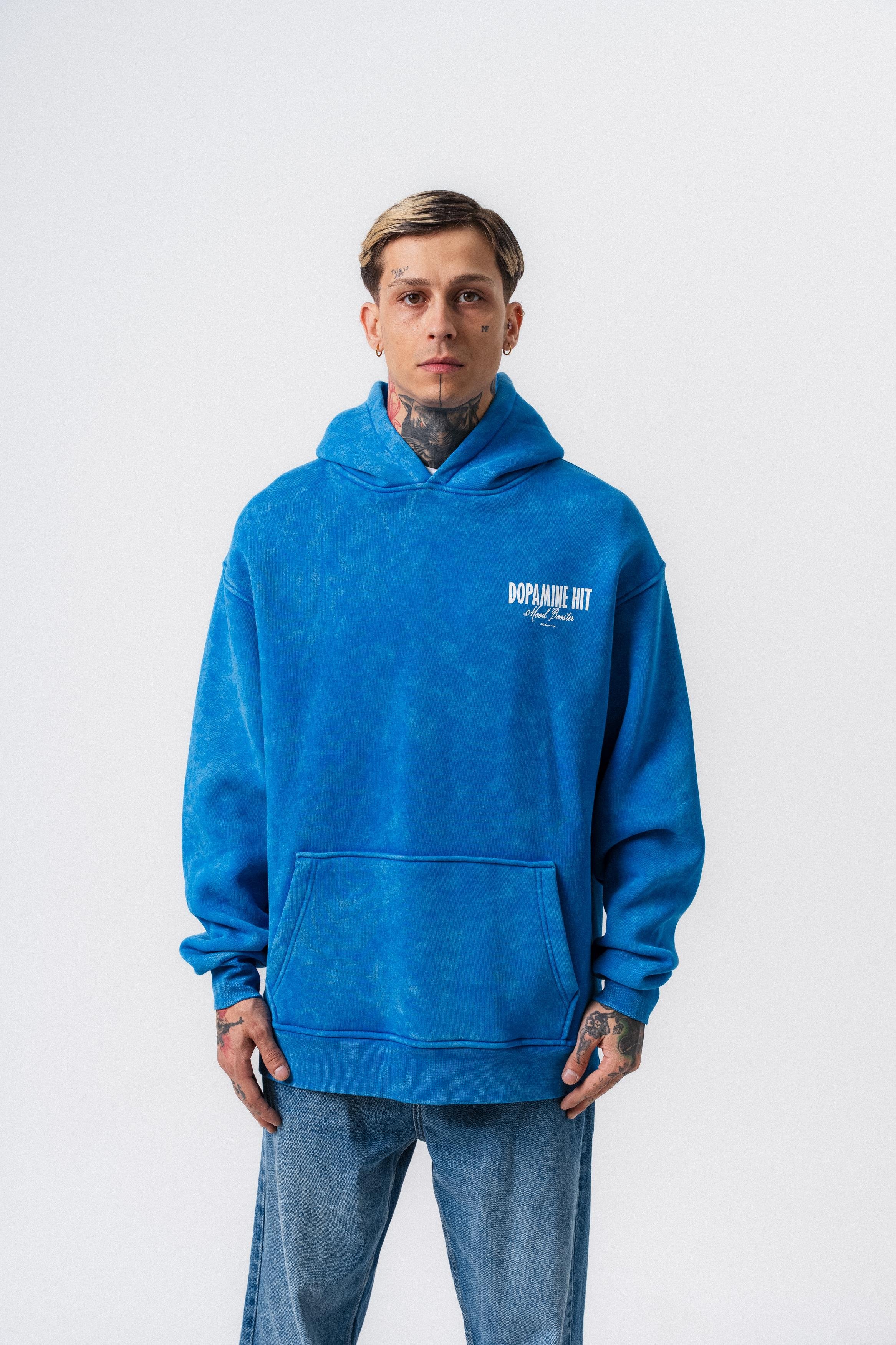 Erkek Dopamine Hit Baskılı Kapüşonlu Oversize Hoodie Mavi