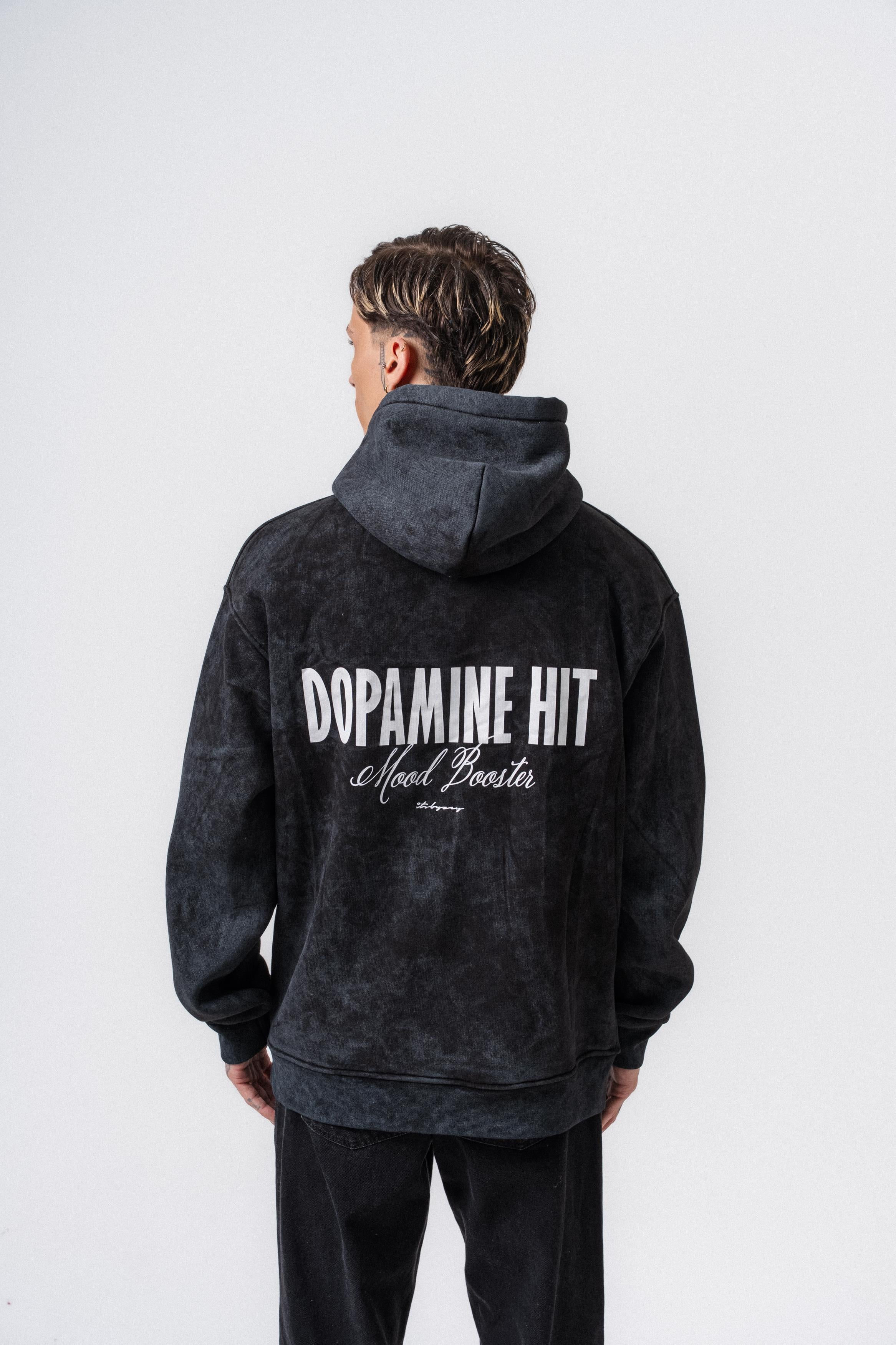 Erkek Dopamine Hit Baskılı Kapüşonlu Oversize Hoodie Siyah