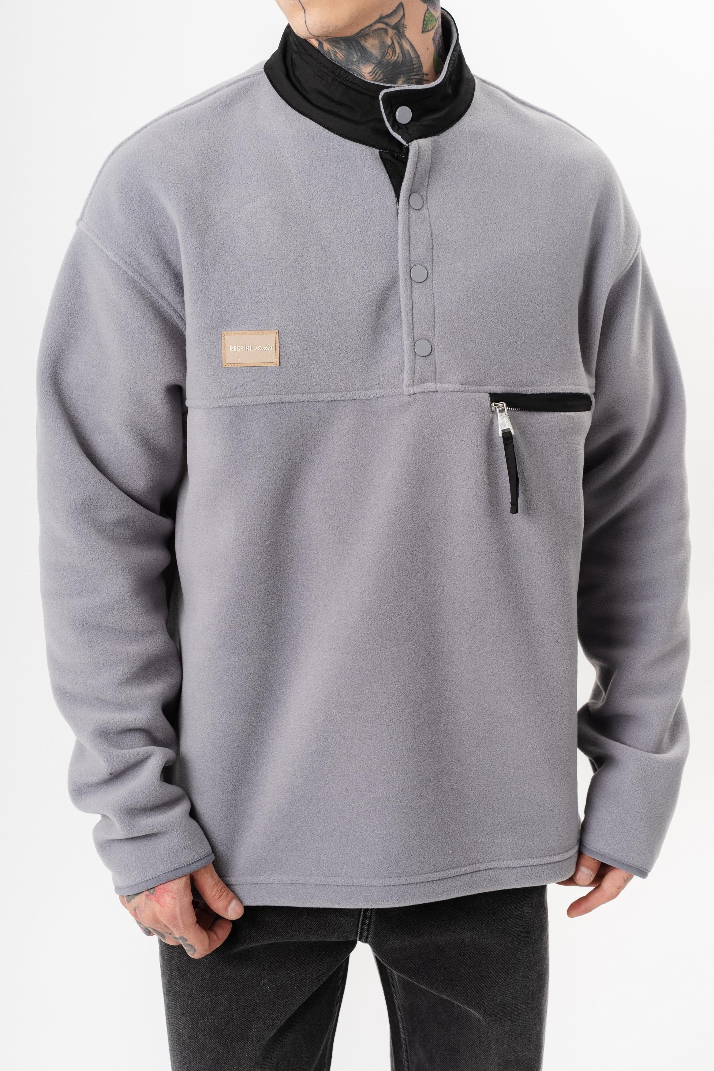 Erkek Düğme Detaylı Oversize Polar Sweatshirt Gri