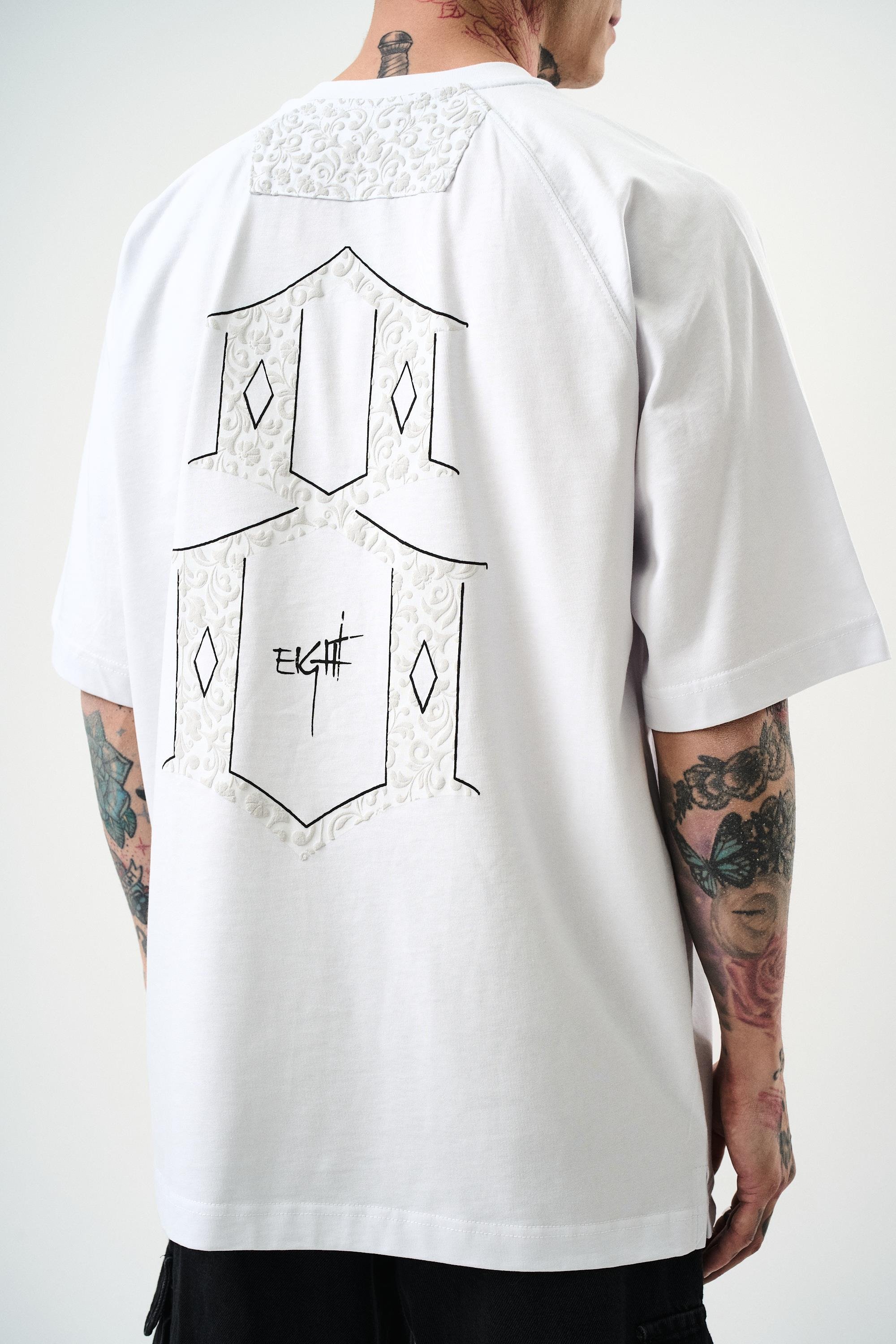 Erkek Eight Baskılı Oversize T-Shirt Beyaz