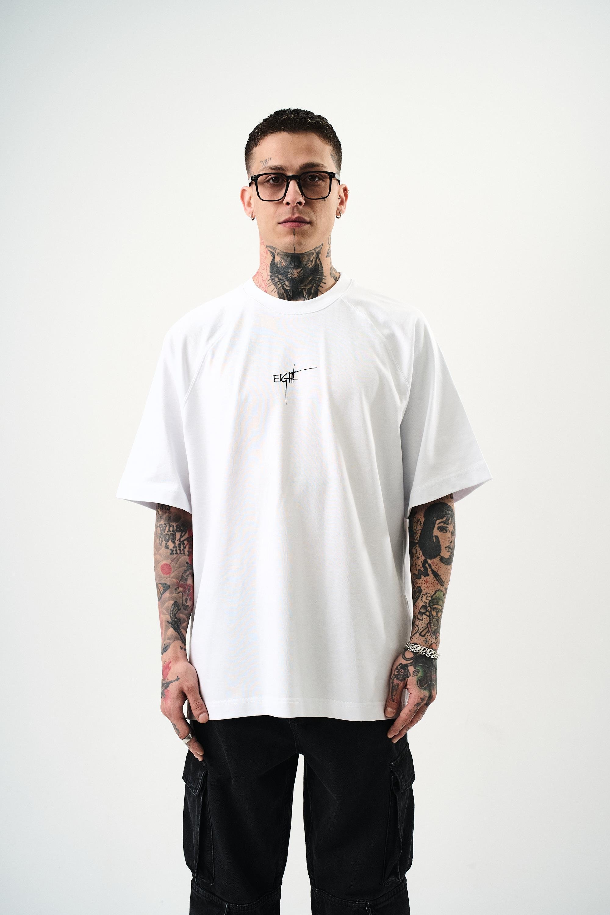 Erkek Eight Baskılı Oversize T-Shirt Beyaz
