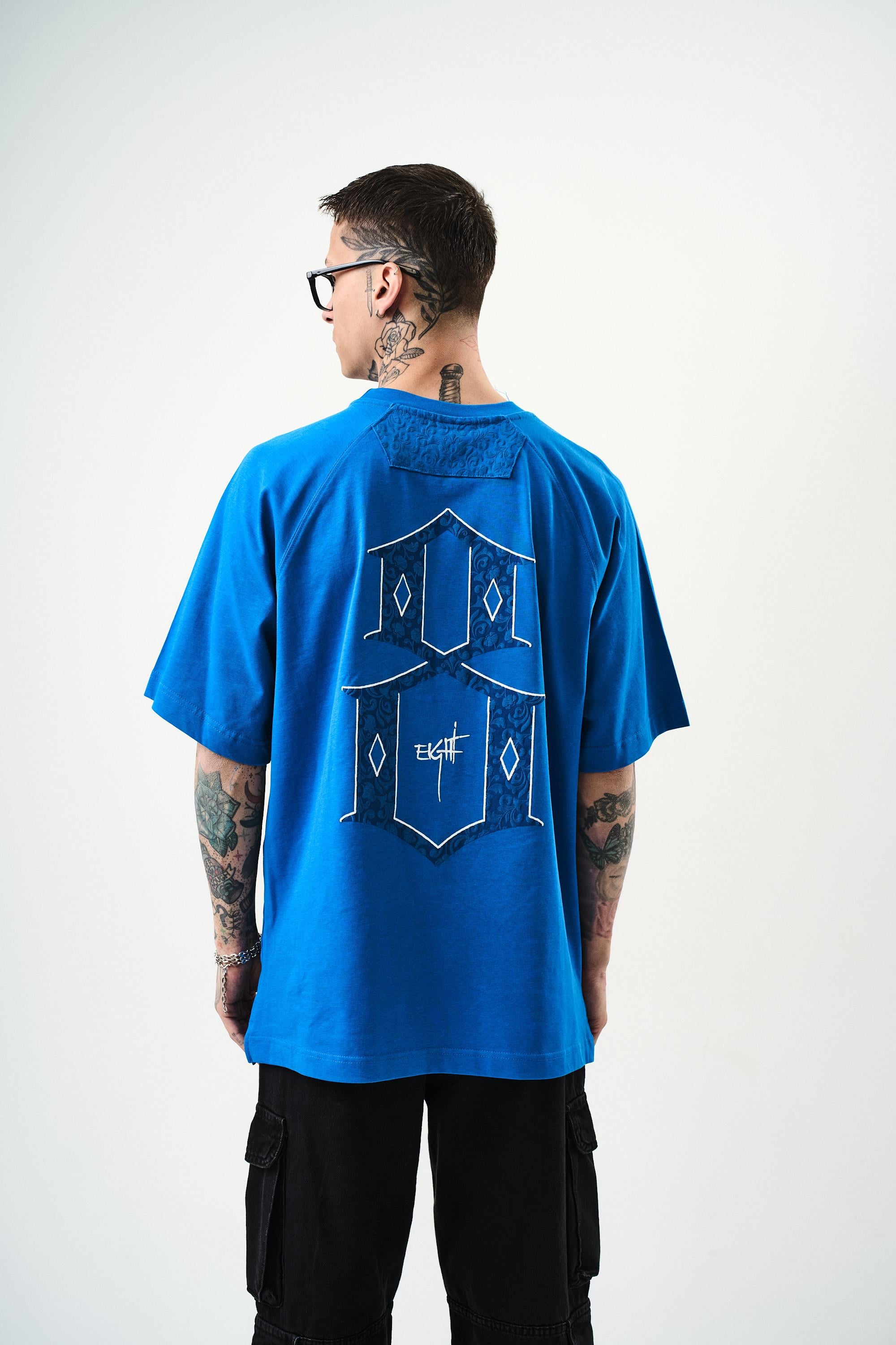 Erkek Eight Baskılı Oversize T-Shirt Mavi