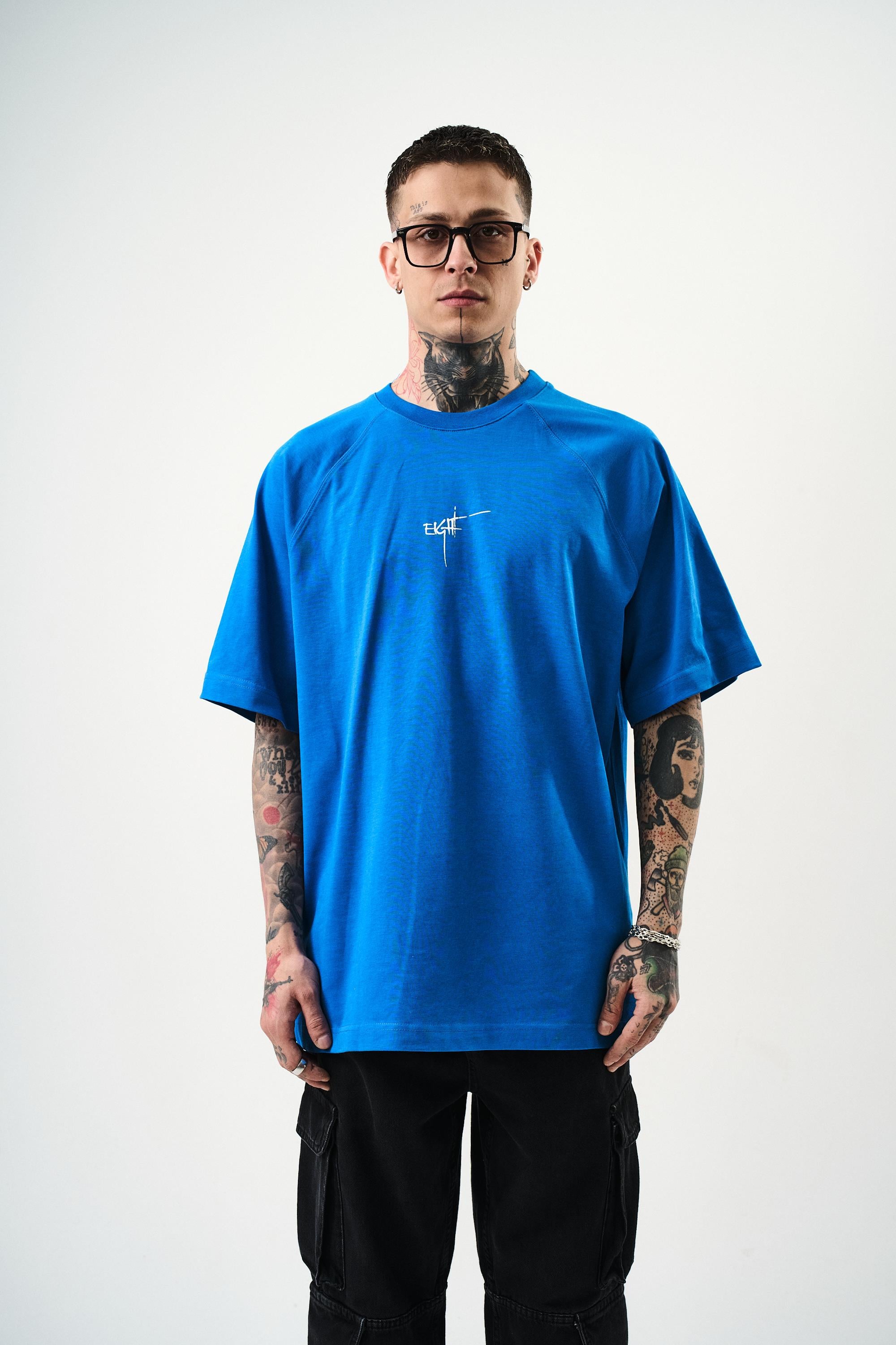 Erkek Eight Baskılı Oversize T-Shirt Mavi