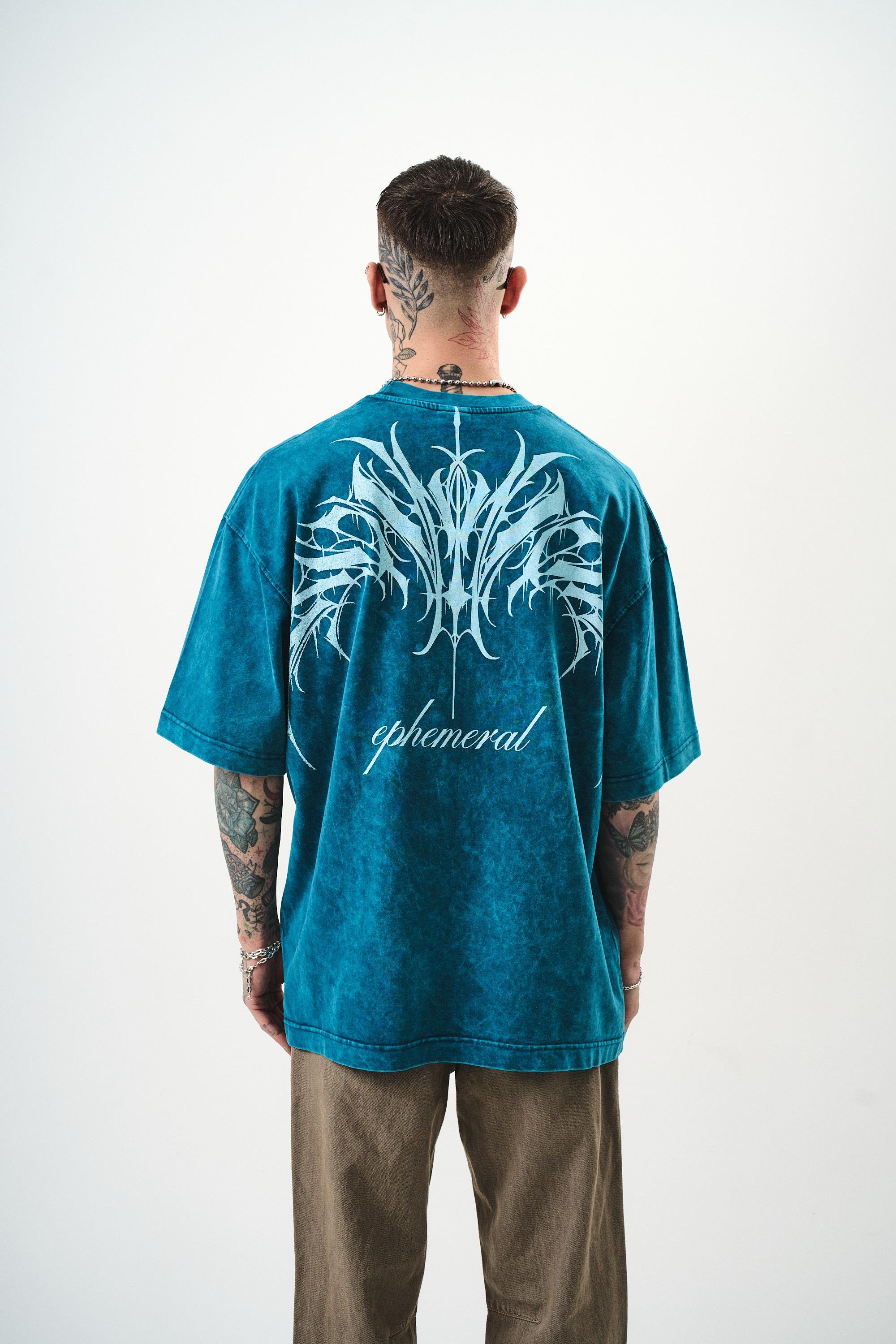 Erkek Ephemeral Baskılı Yıkamalı Oversize T-Shirt Petrol