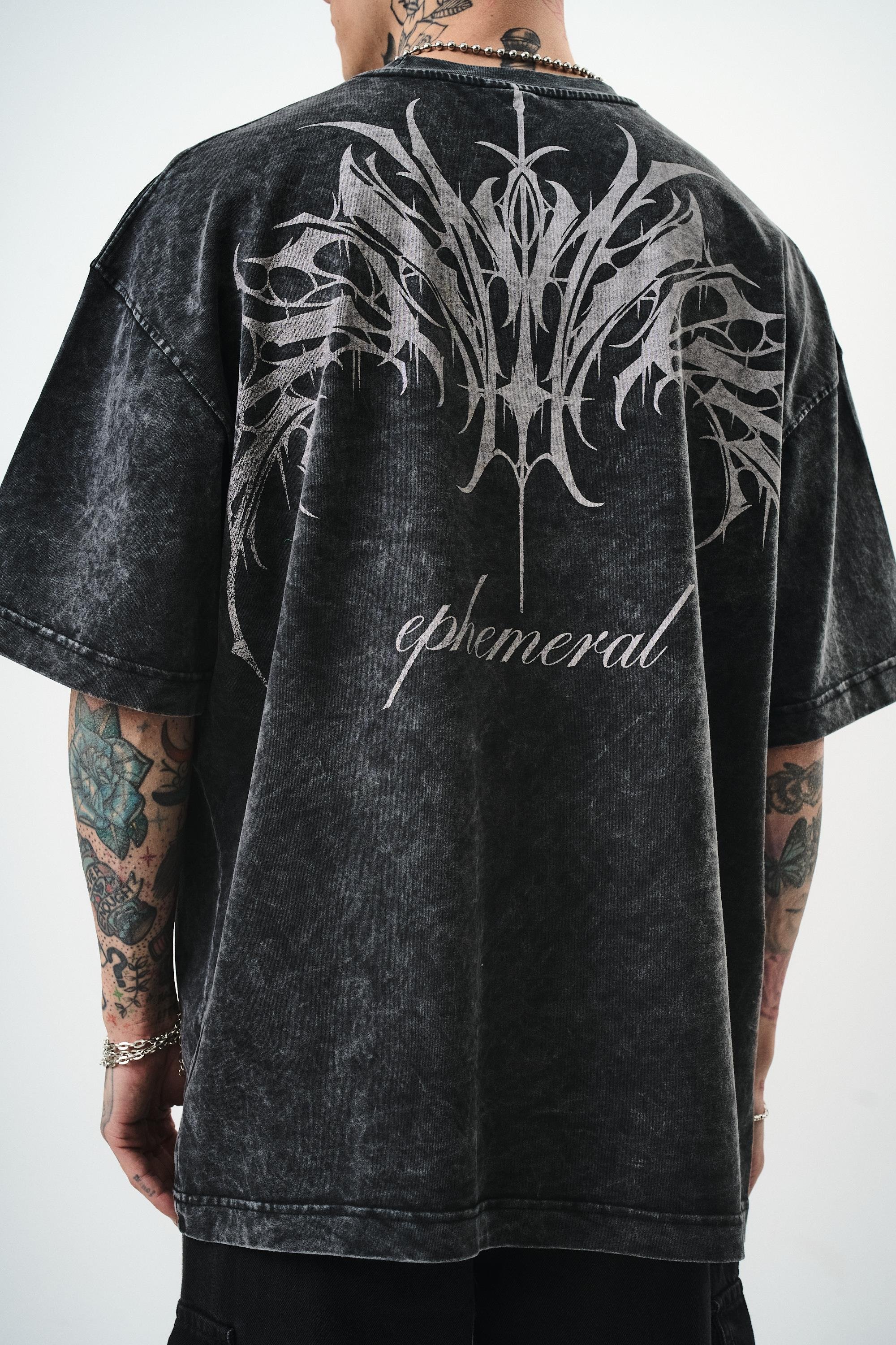 Erkek Ephemeral Baskılı Yıkamalı Oversize T-Shirt Siyah