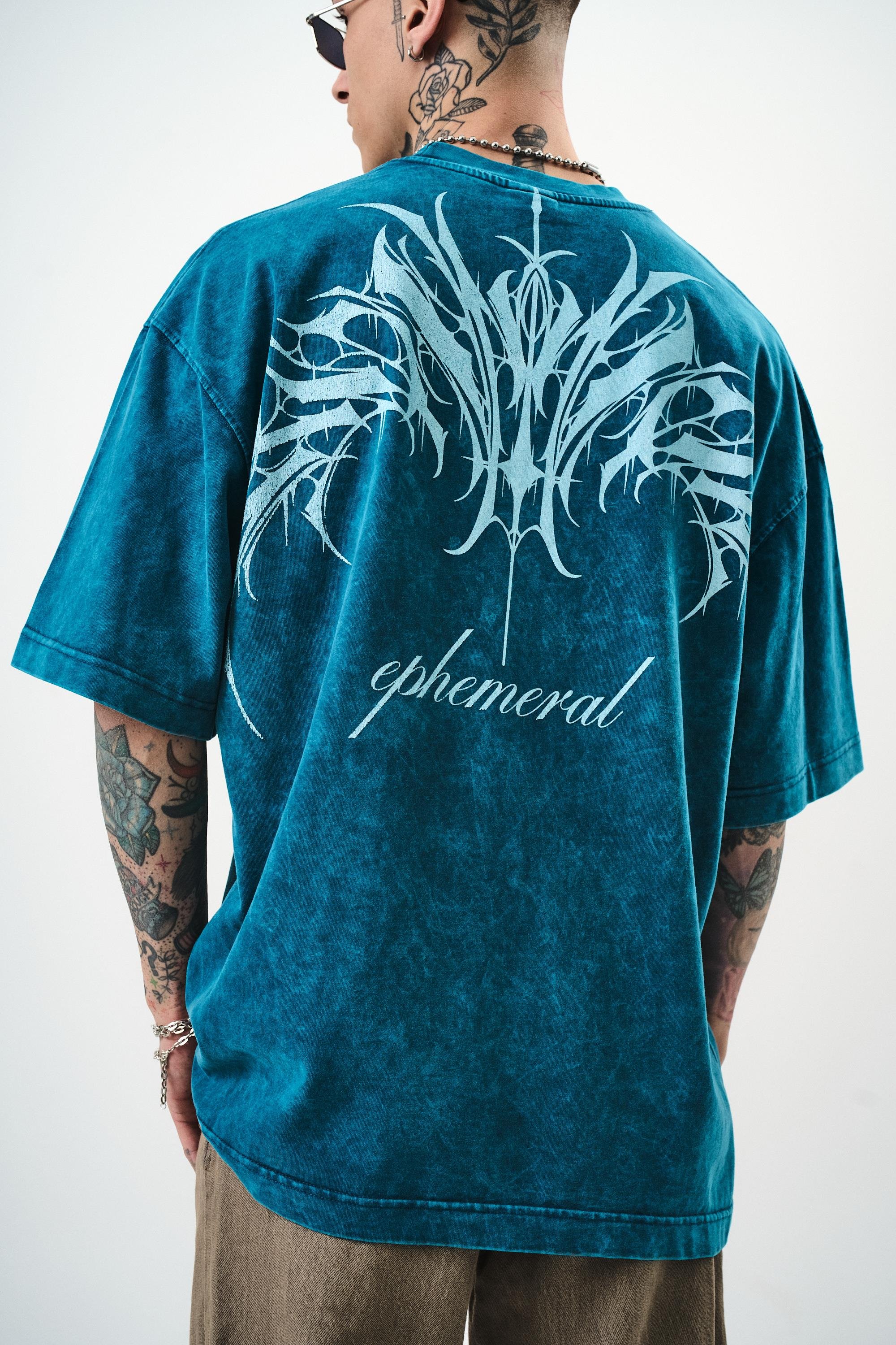 Erkek Ephemeral Baskılı Yıkamalı Oversize T-Shirt Petrol