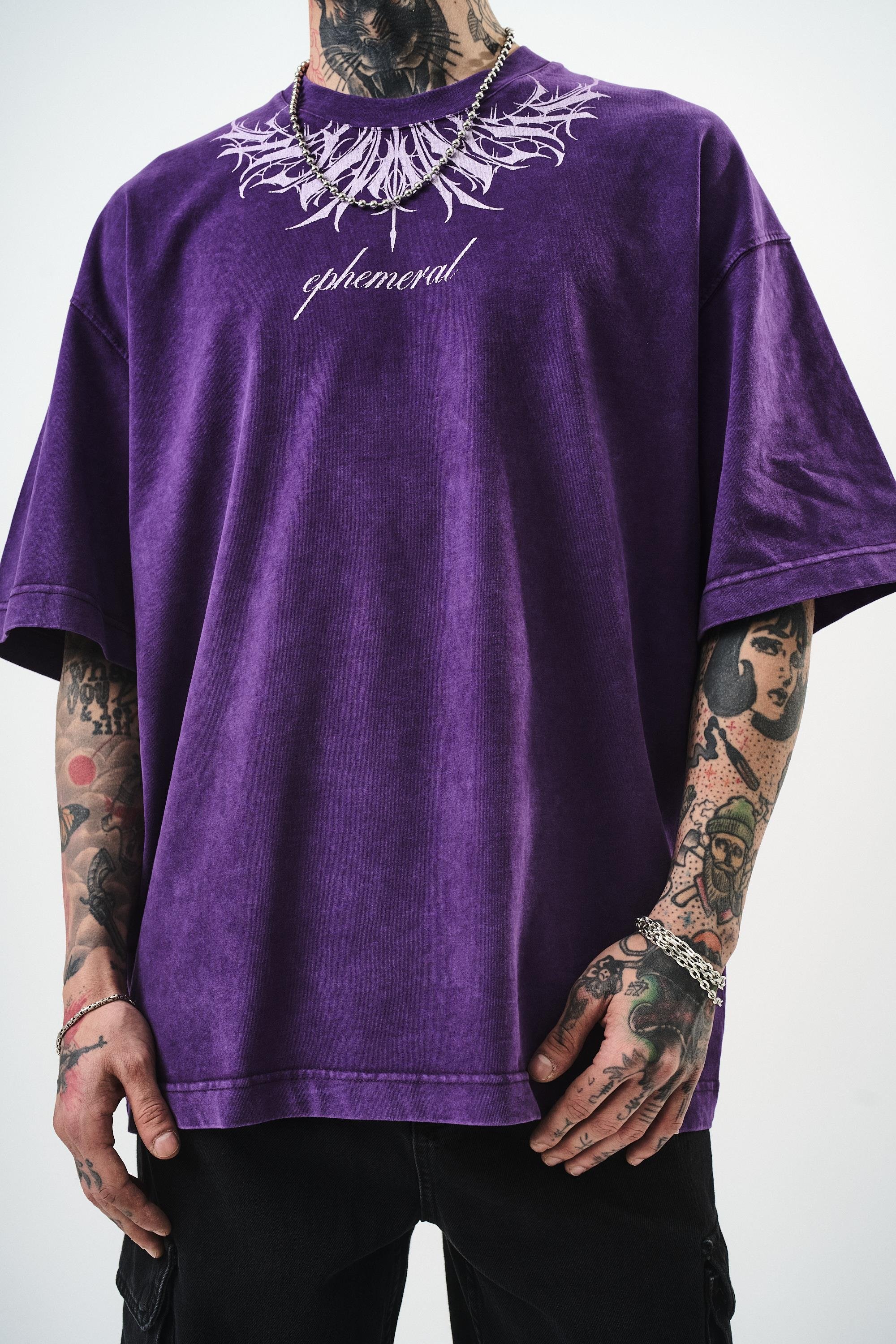 Erkek Ephemeral Baskılı Yıkamalı Oversize T-Shirt Mor