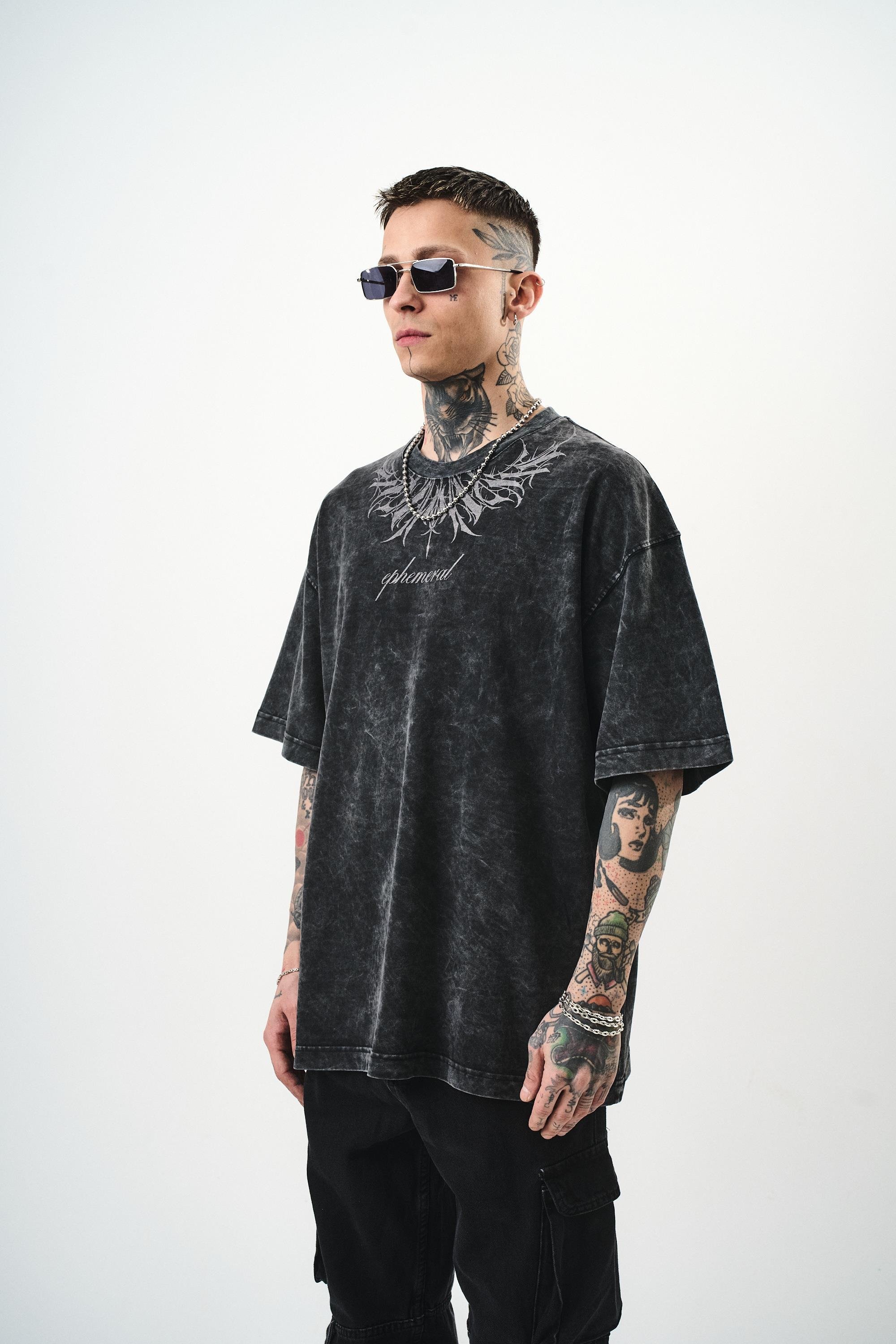 Erkek Ephemeral Baskılı Yıkamalı Oversize T-Shirt Siyah