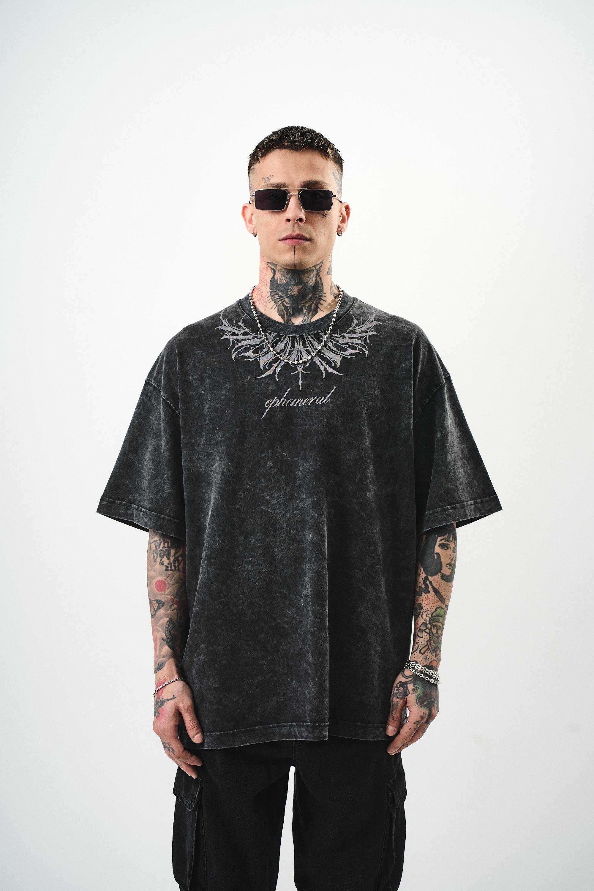 Erkek Ephemeral Baskılı Yıkamalı Oversize T-Shirt Siyah