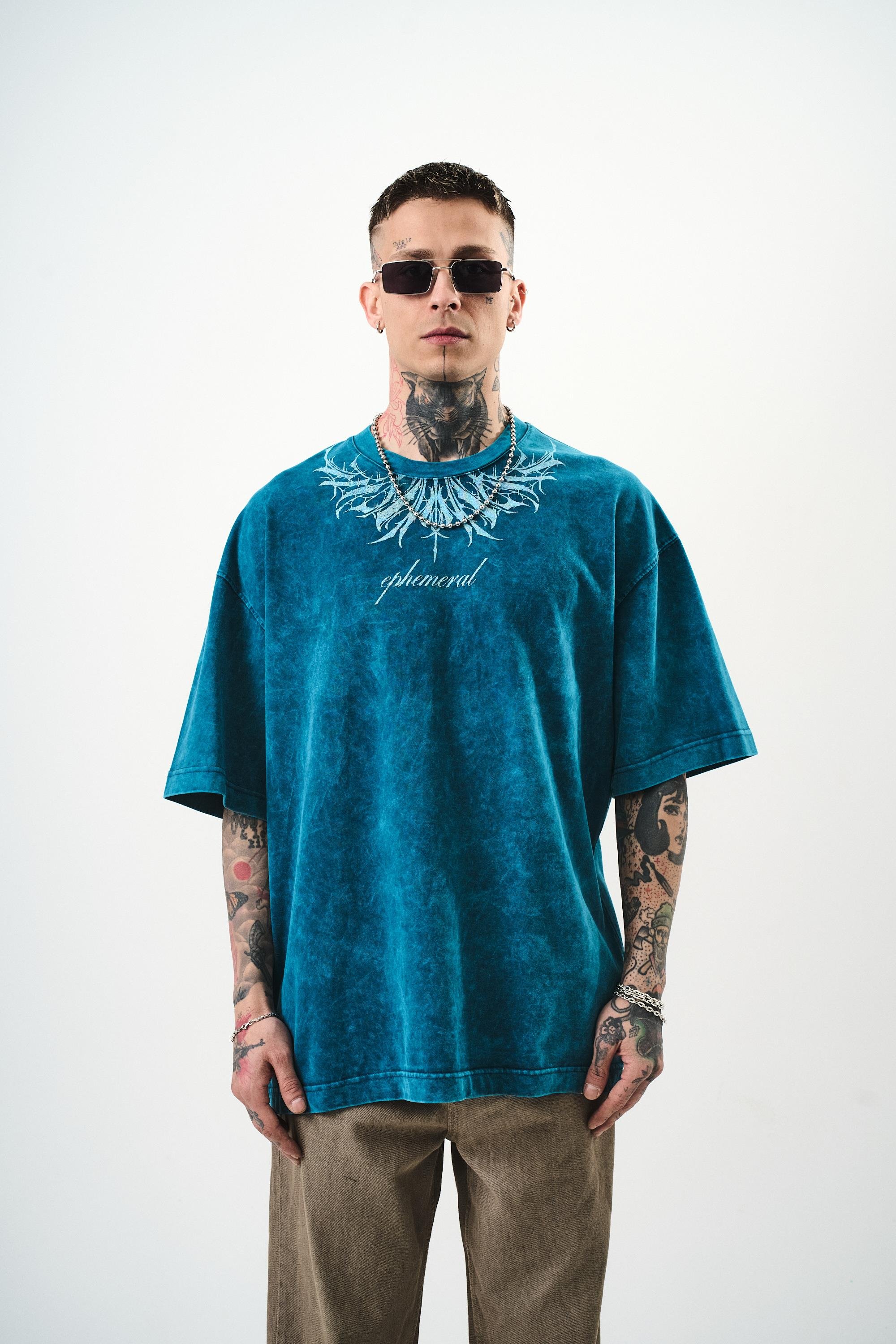Erkek Ephemeral Baskılı Yıkamalı Oversize T-Shirt Petrol