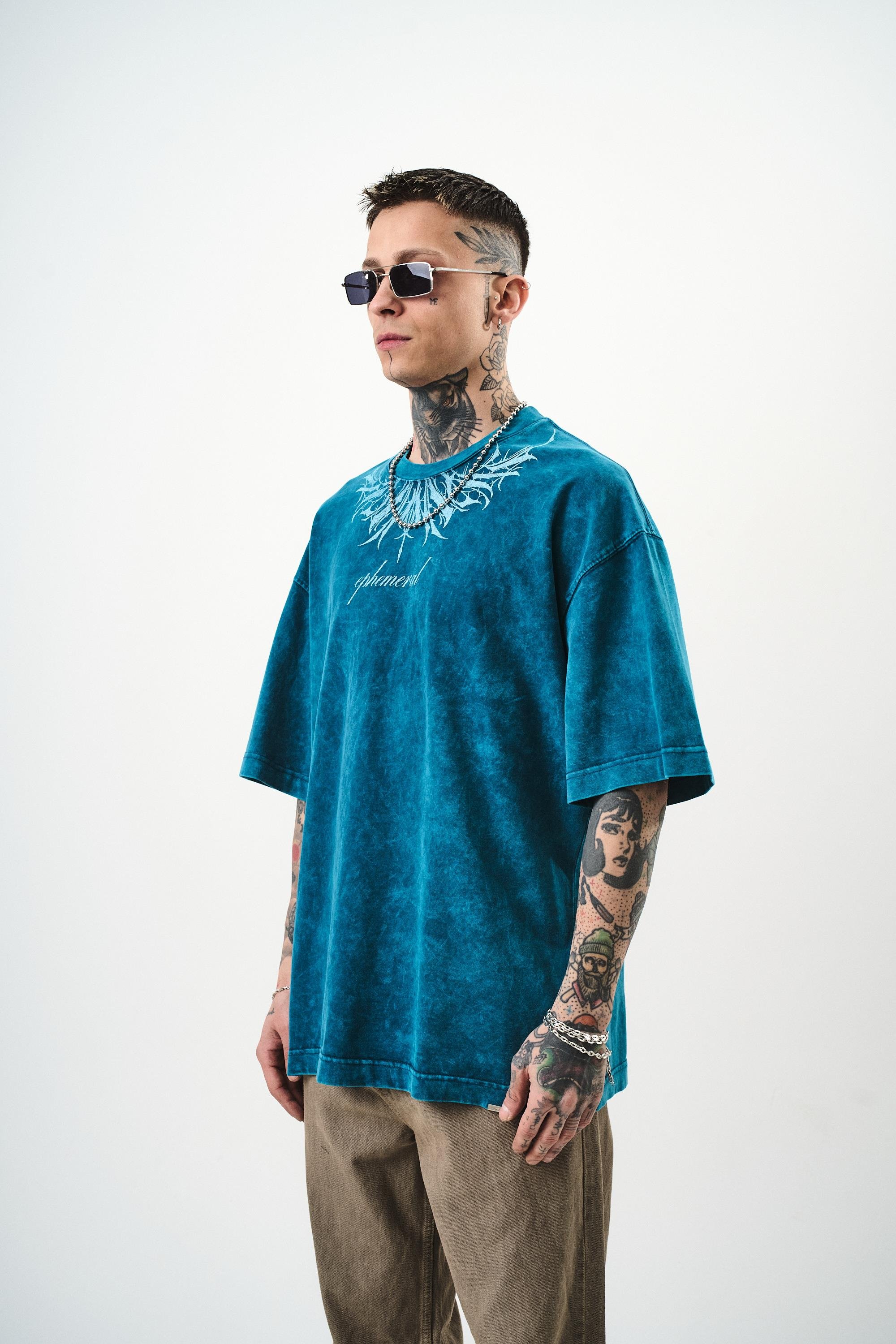 Erkek Ephemeral Baskılı Yıkamalı Oversize T-Shirt Petrol