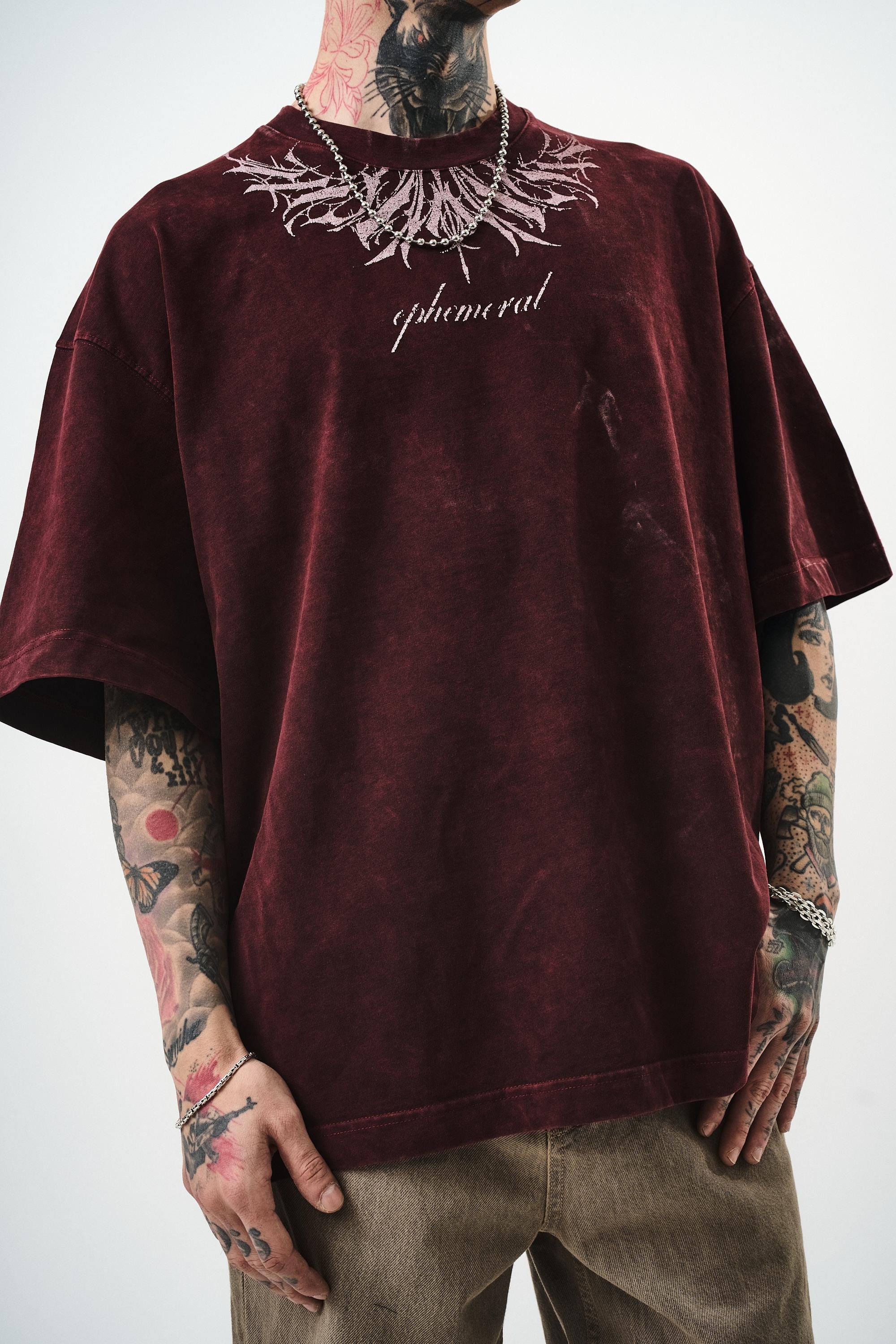 Erkek Ephemeral Baskılı Yıkamalı Oversize T-Shirt Bordo