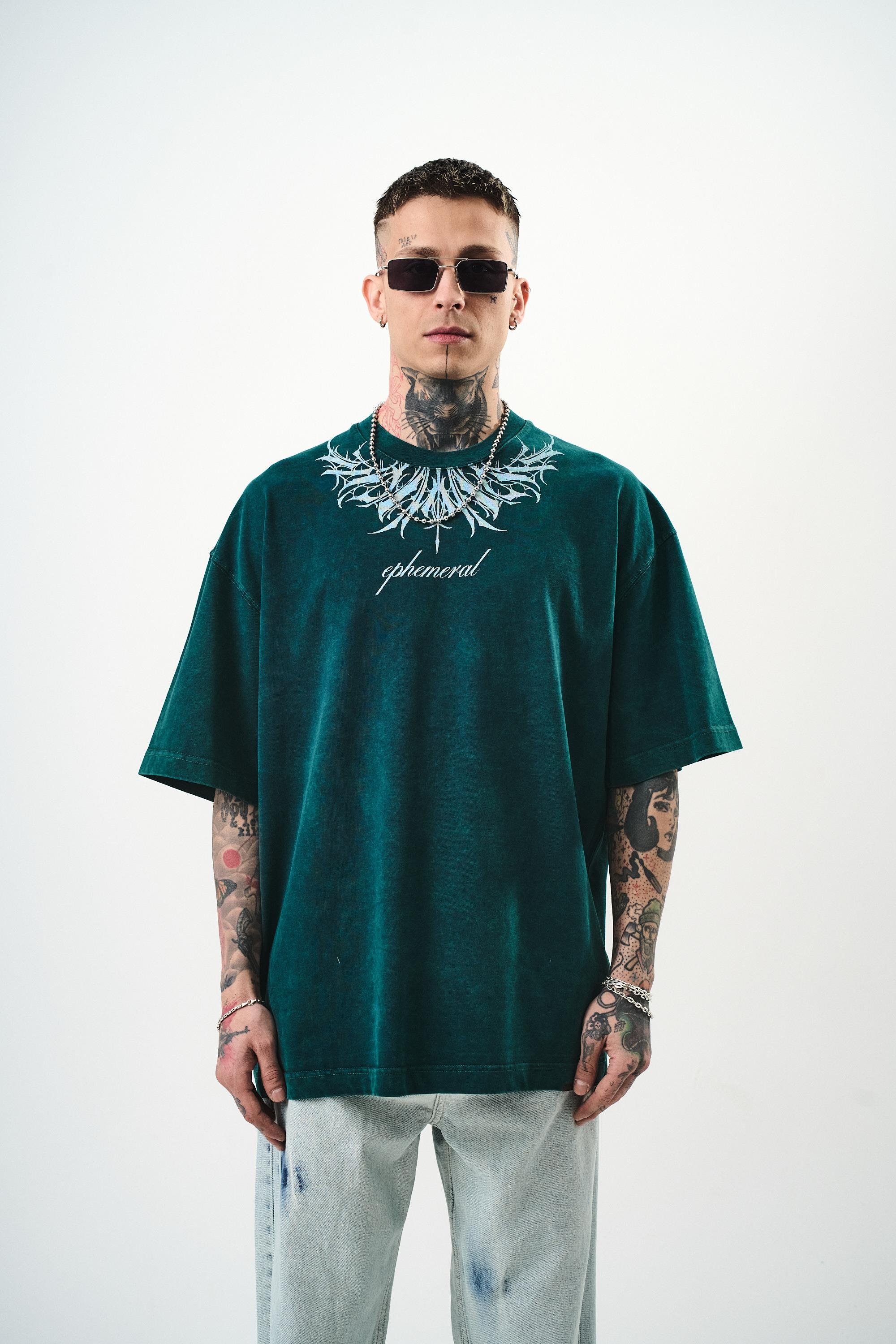 Erkek Ephemeral Baskılı Yıkamalı Oversize T-Shirt Yeşil