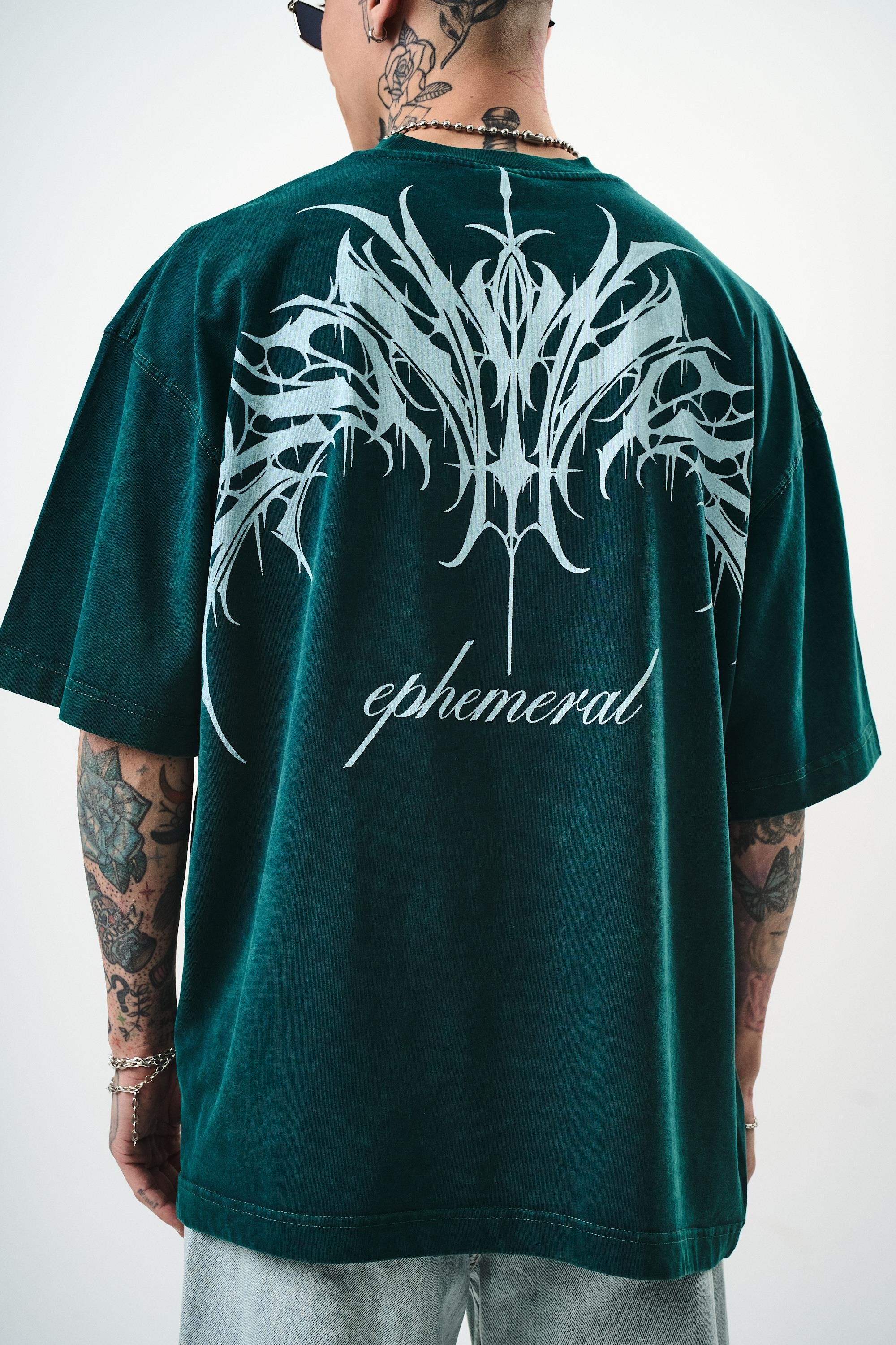 Erkek Ephemeral Baskılı Yıkamalı Oversize T-Shirt Yeşil