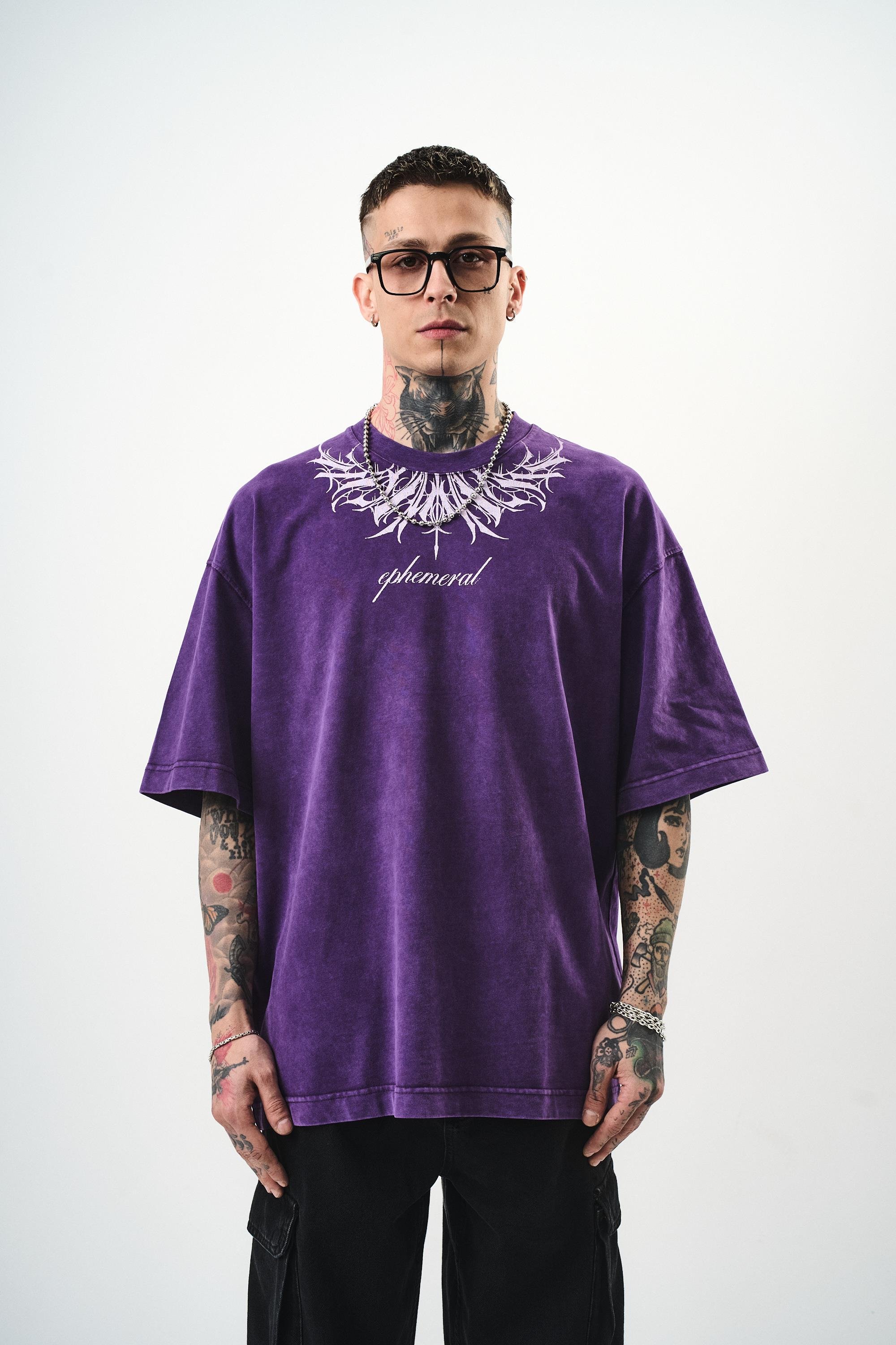 Erkek Ephemeral Baskılı Yıkamalı Oversize T-Shirt Mor