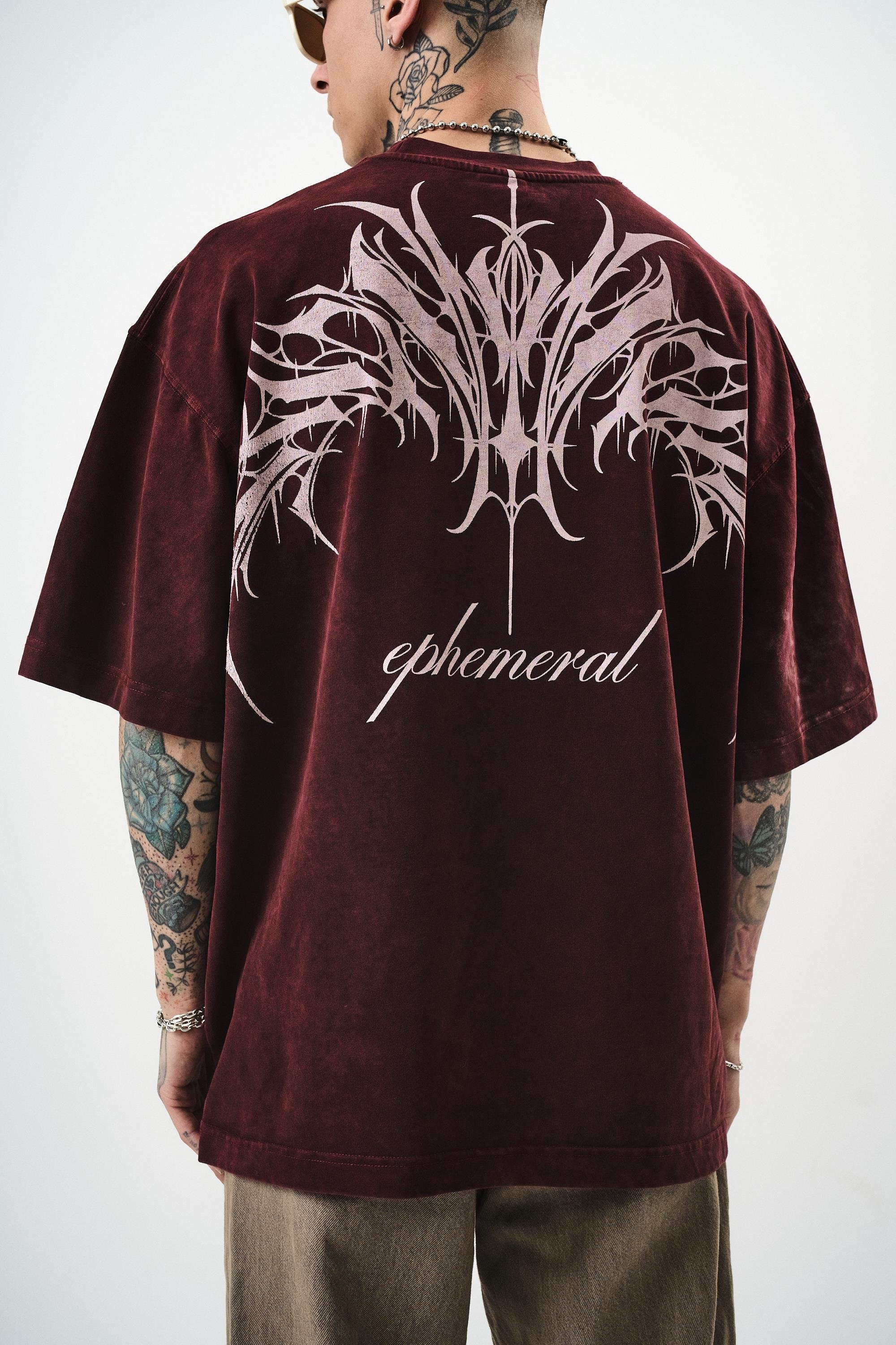 Erkek Ephemeral Baskılı Yıkamalı Oversize T-Shirt Bordo