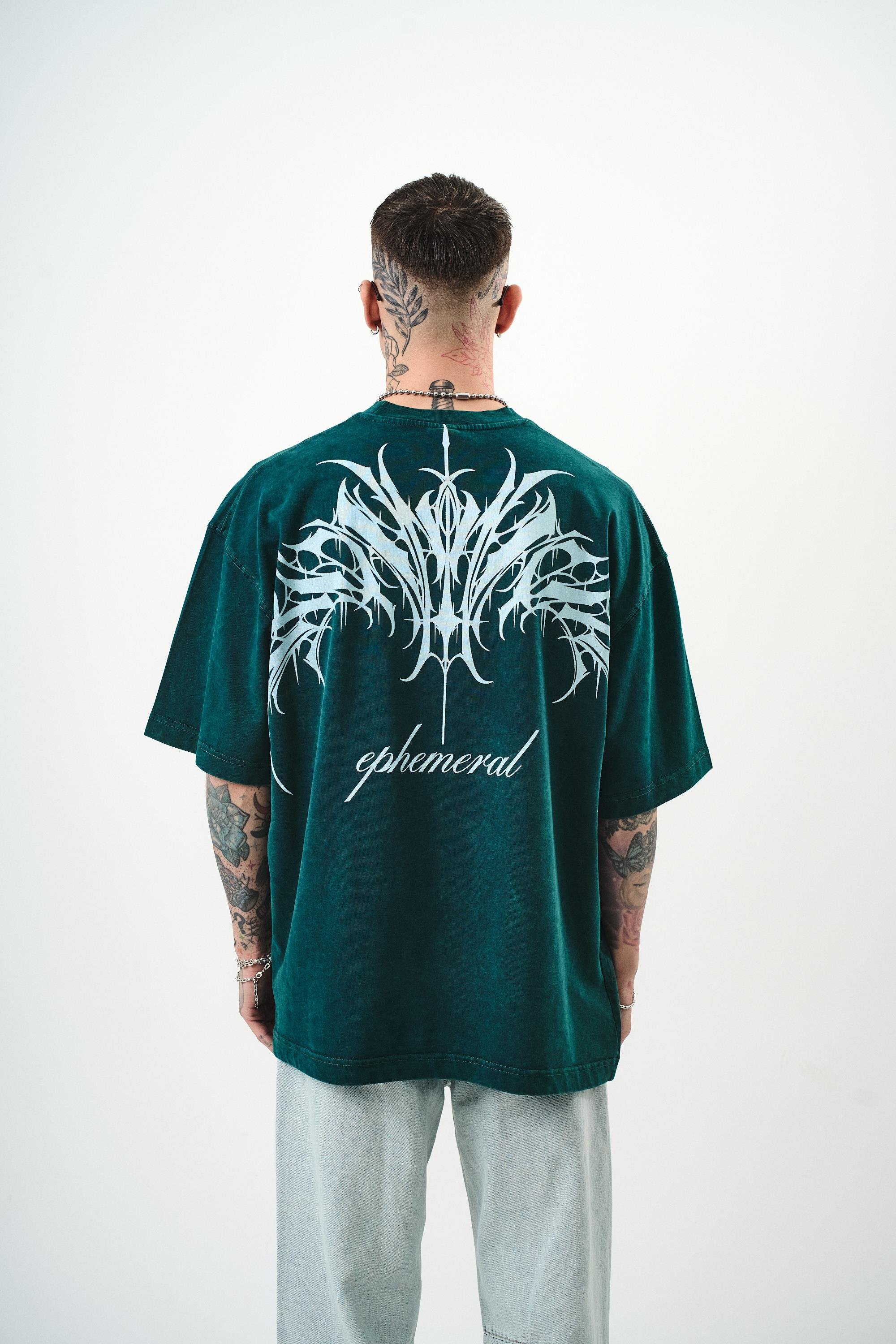 Erkek Ephemeral Baskılı Yıkamalı Oversize T-Shirt Yeşil