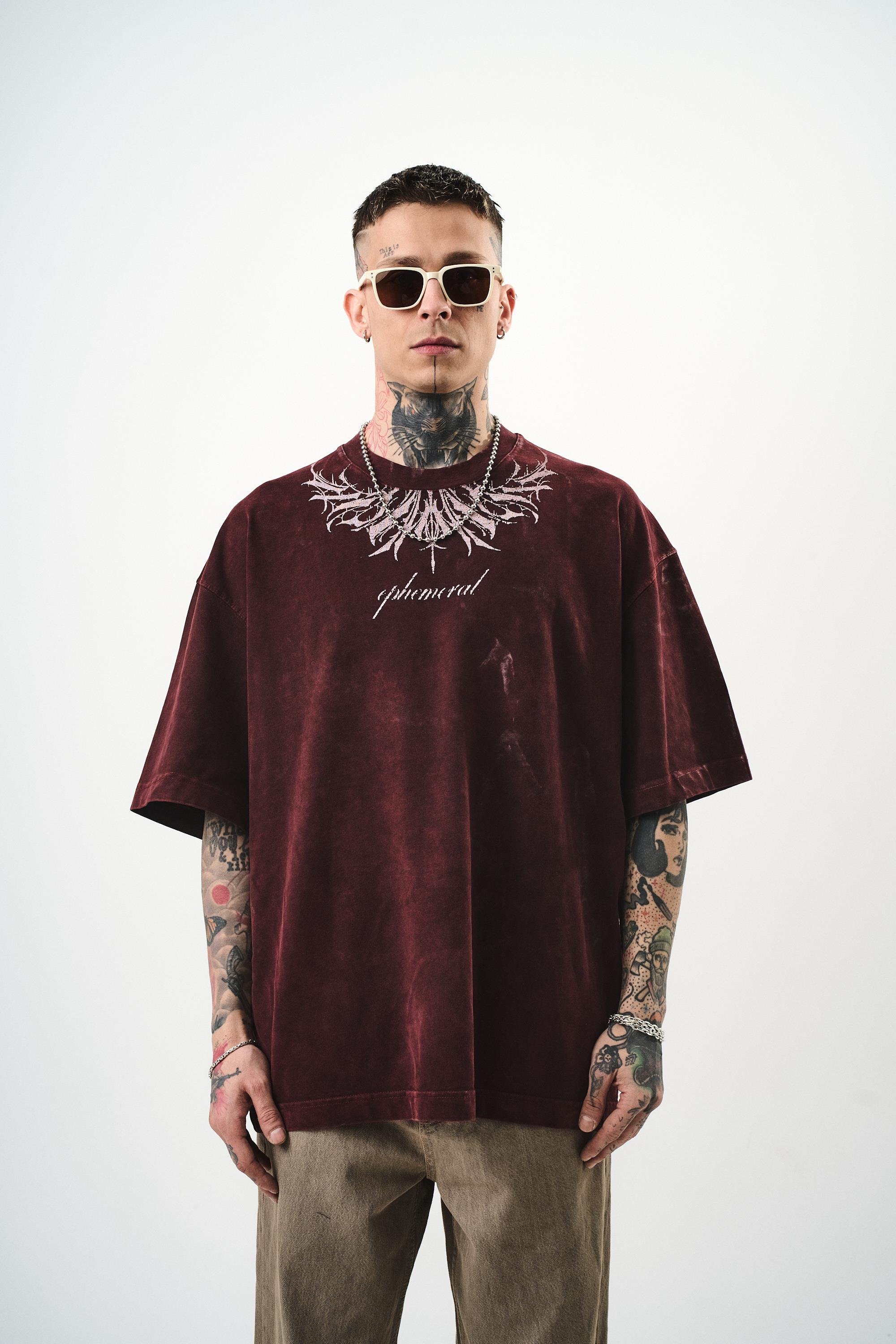 Erkek Ephemeral Baskılı Yıkamalı Oversize T-Shirt Bordo