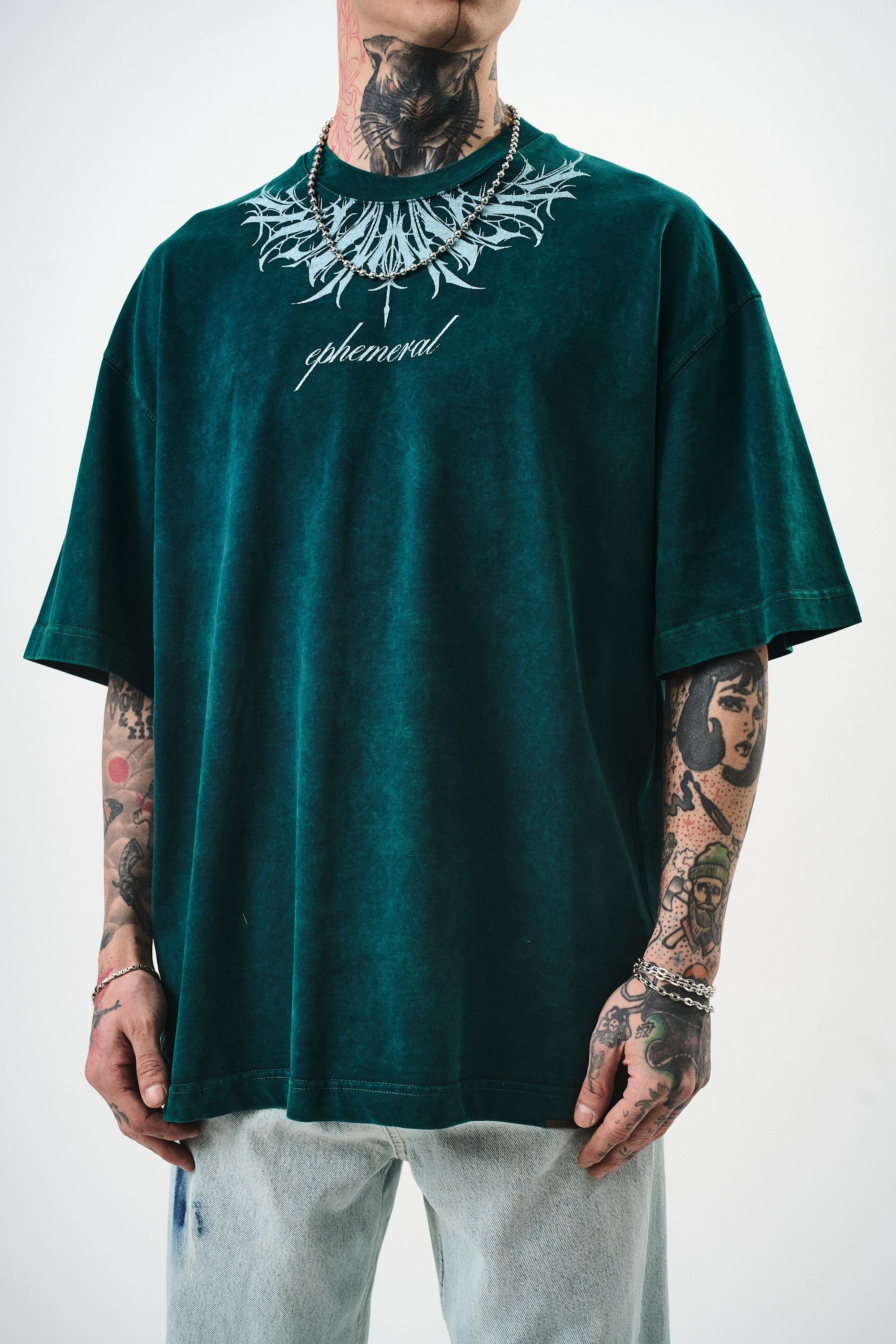Erkek Ephemeral Baskılı Yıkamalı Oversize T-Shirt Yeşil